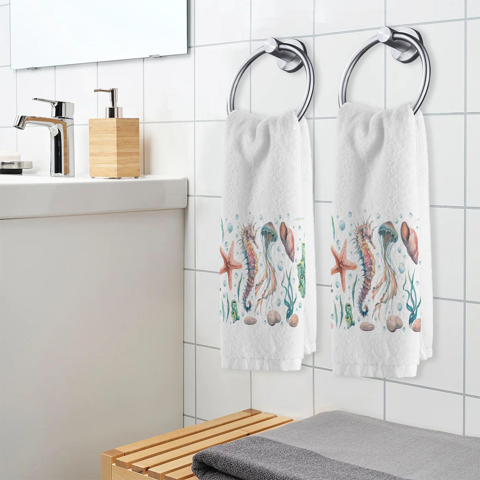 MFTJYO Watercolor Seahorse Coral Bathroom Hand Towels for Bathroom Decorative Towels Bathroom Sets of 2 Soft 100 Percent Cotton Towel Set Luxury Bath Towels Face Towel 16
