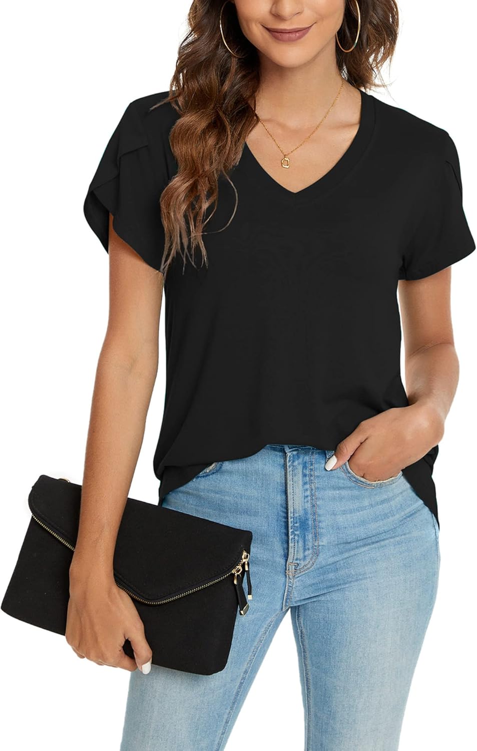 KUOTAI Womens V Neck Petal Sleeve Tops Business Casual Summer Blouses for Work Office Dressy Short Sleeve Tulip Shirts - Image 2