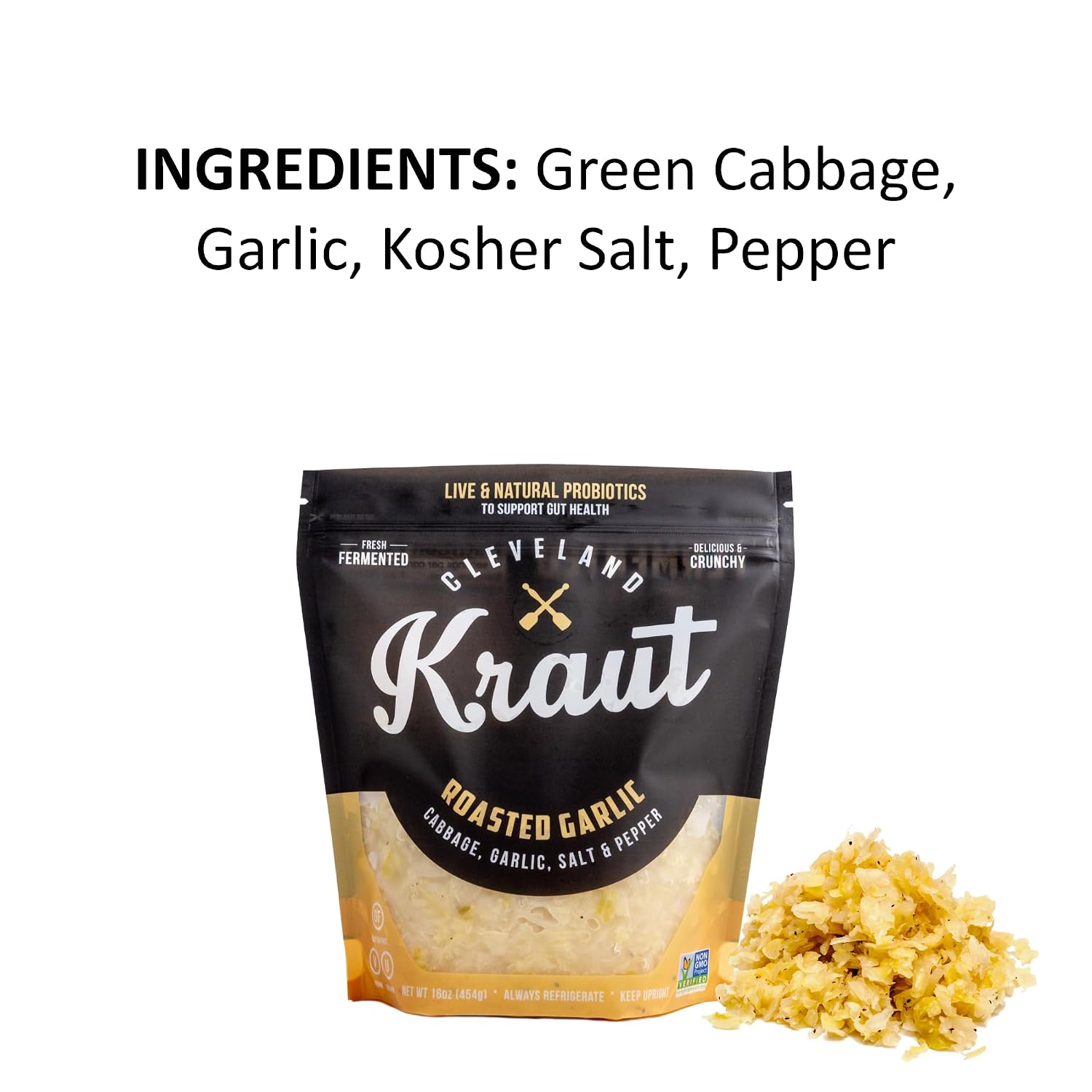 Cleveland Kraut, Naturally Fermented Roasted Garlic Sauerkraut With Live and Raw Probiotics, 16 oz. pouch, (Pack of 6)