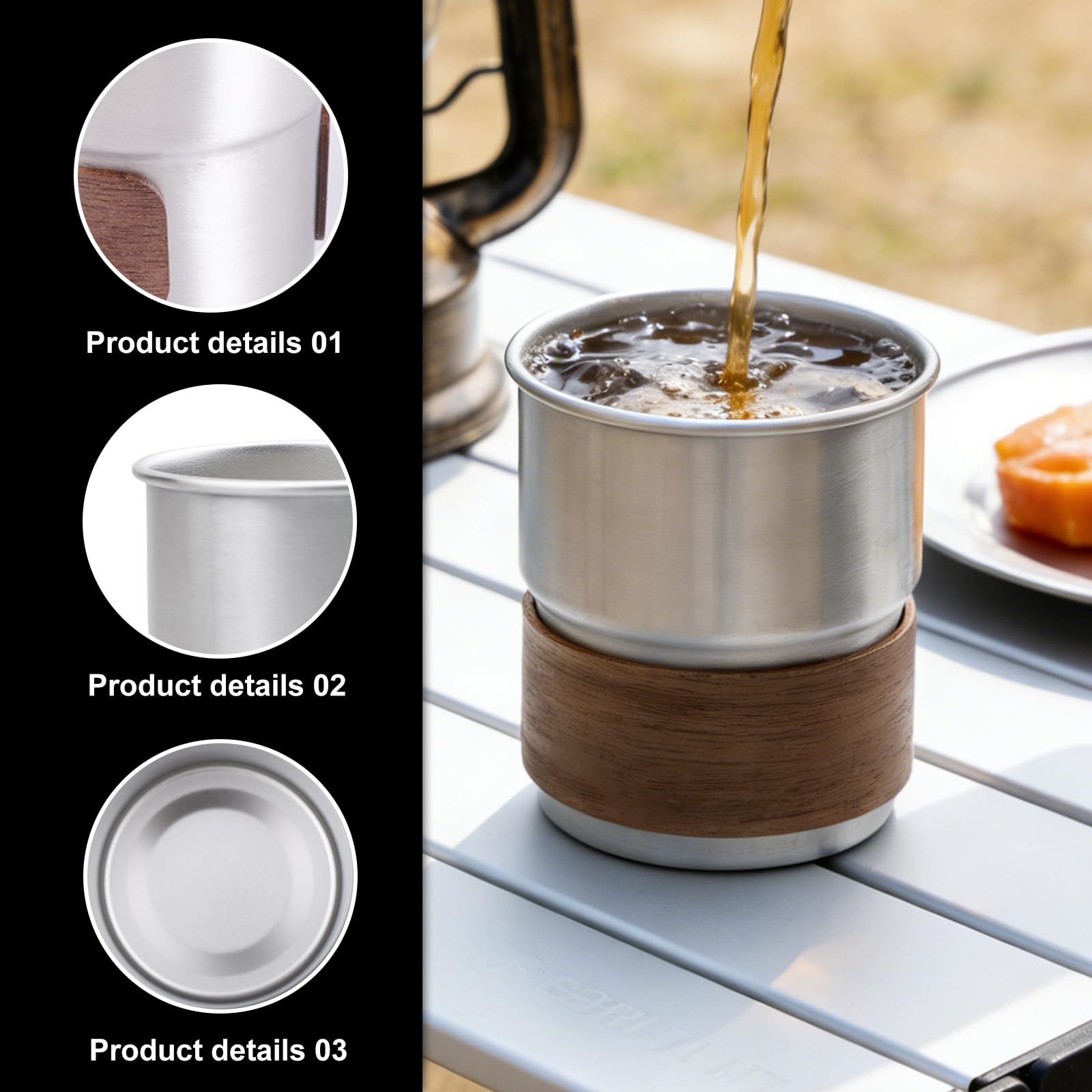 6 bicchieri in acciaio inox, 300 ml, a doppia parete, antiruggine, 304, in metallo, con manicotto in legno, impilabili, infrangibili, senza manico, per latte, caffè, vino, birra, cocktail