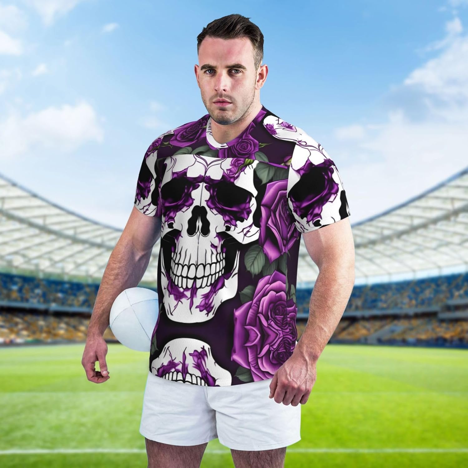 Purple Rose Skeleton Rugby Football Jersey for Men, Comfortable V-Neck Loose Fit Top for Team Sports Athletics