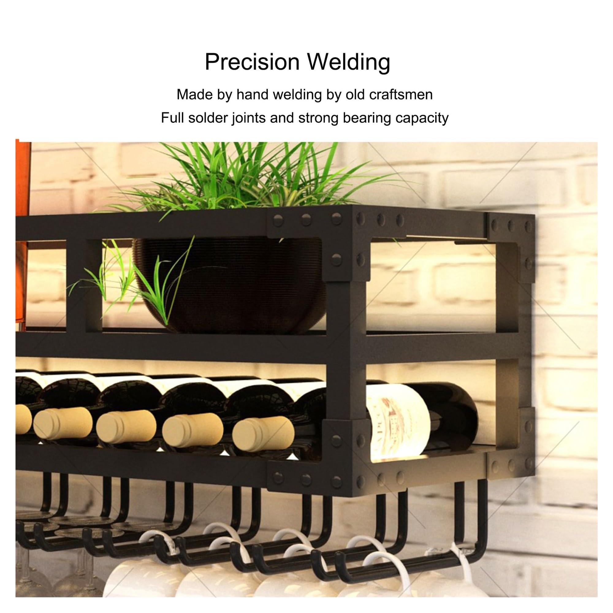 Botellero Vino Pared con Luz Mueble Bar Garrafeira Mini Bar Wine Rack Mueble Comedor Estanteria Cocina Pared con Soporte Copas Colgante para Bar Sala de Estar y Cocina(Black,DOUBLE LAYER_60*25CM)
