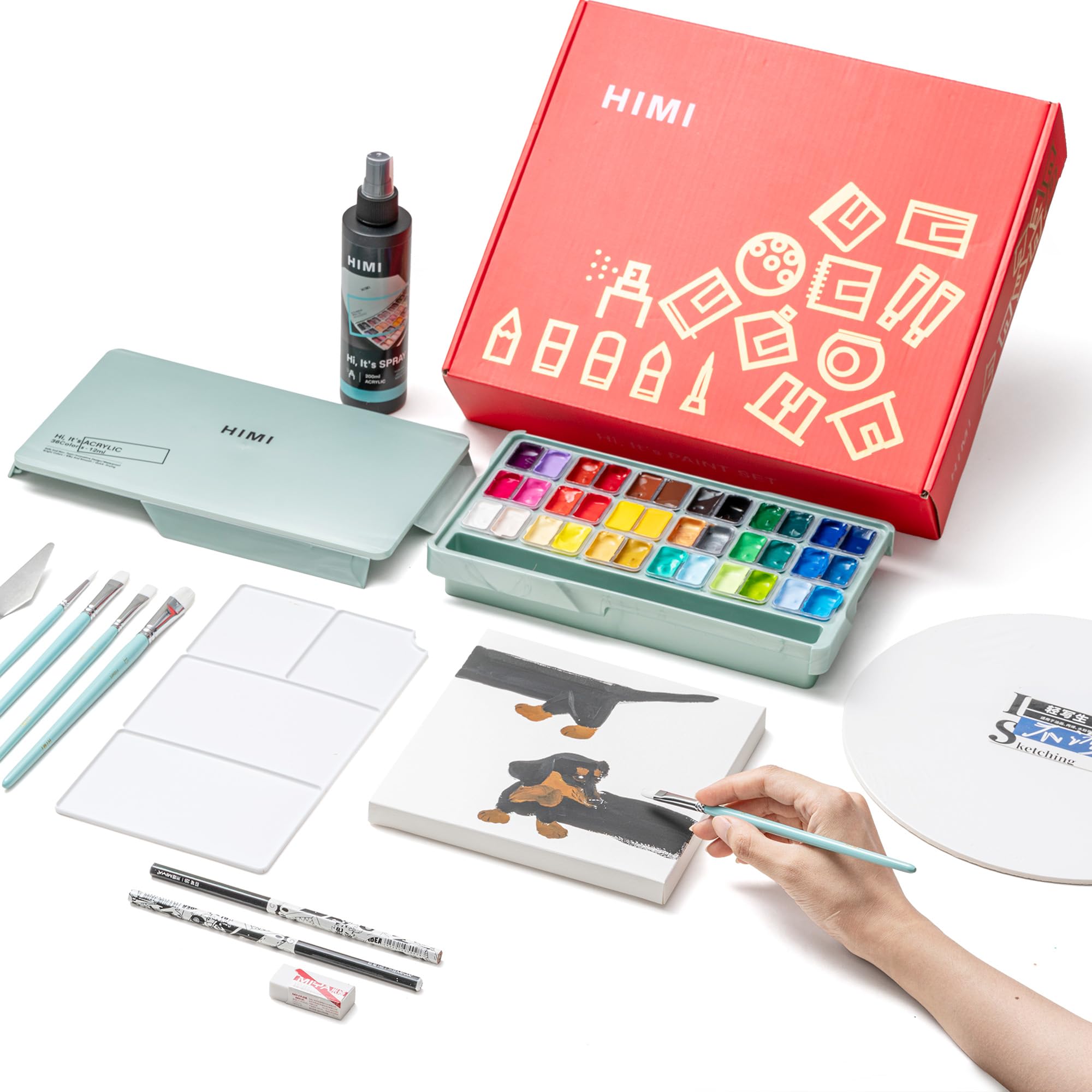 HIMI Deluxe 36 Farben Twin Cup Jelly Acrylfarben Set – Komplettes Kunstset mit Block, Sprühflasche, Palette, Pinseln, Malmesser und klappbarem Rahmen für Anfänger, Studenten und Künstler