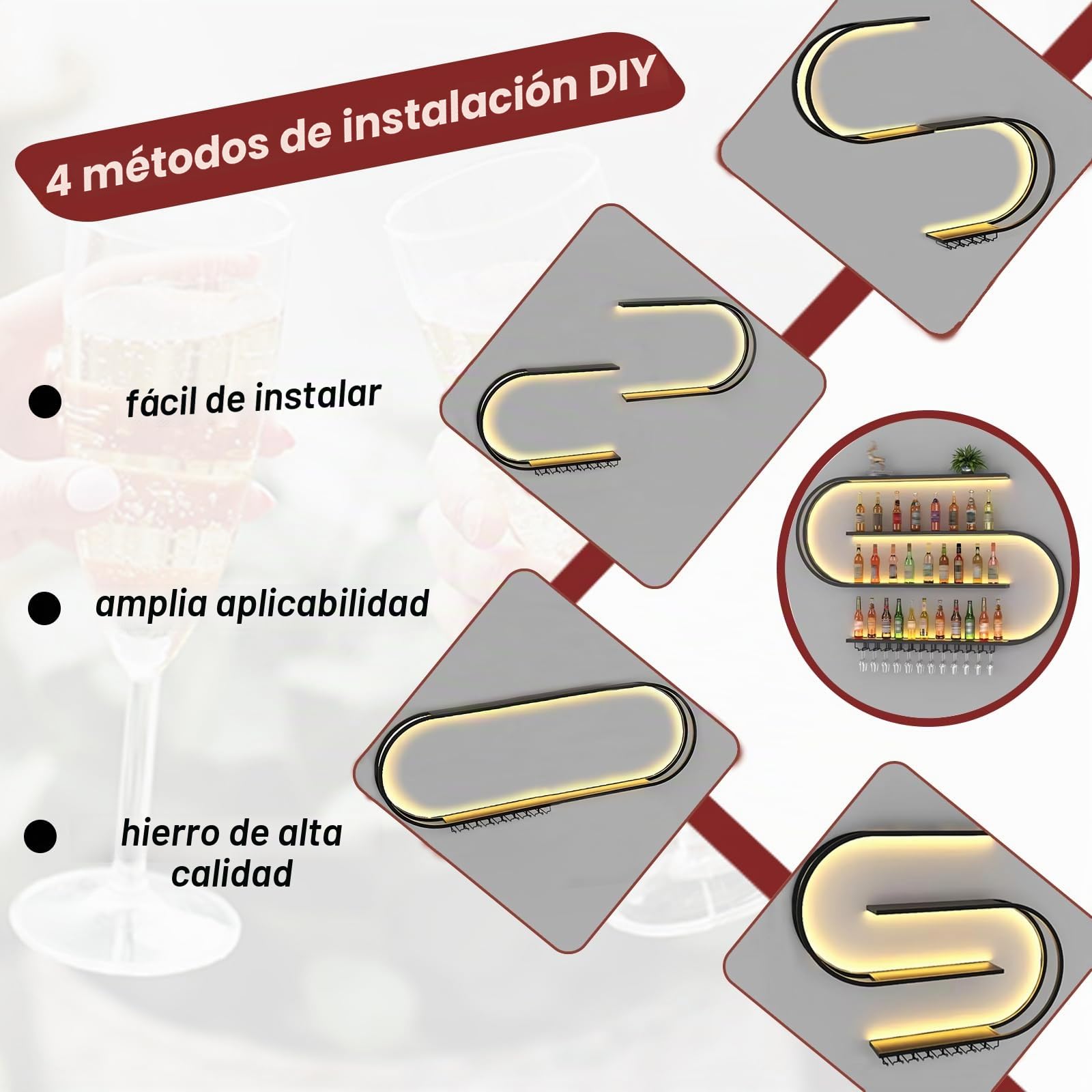 Botellero de Pared, Botellero Semicircular 4 Niveles Estante Bar Flotante con Ganchos para Copas de Vino, Estante Industrial de Metal para Exhibir Botellas Adecuado para Bar Decor (Negro, 120cm)