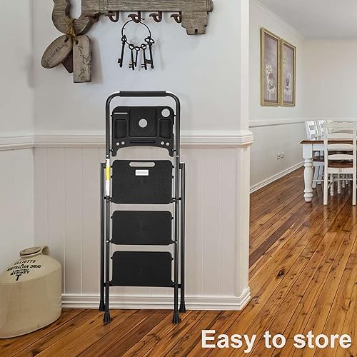 Miniatura 7 de HBTower Escalera de 3 escalones con bandeja de herramientas, taburete plegable con pedal antideslizante ancho y agarre cómodo para el hogar y la