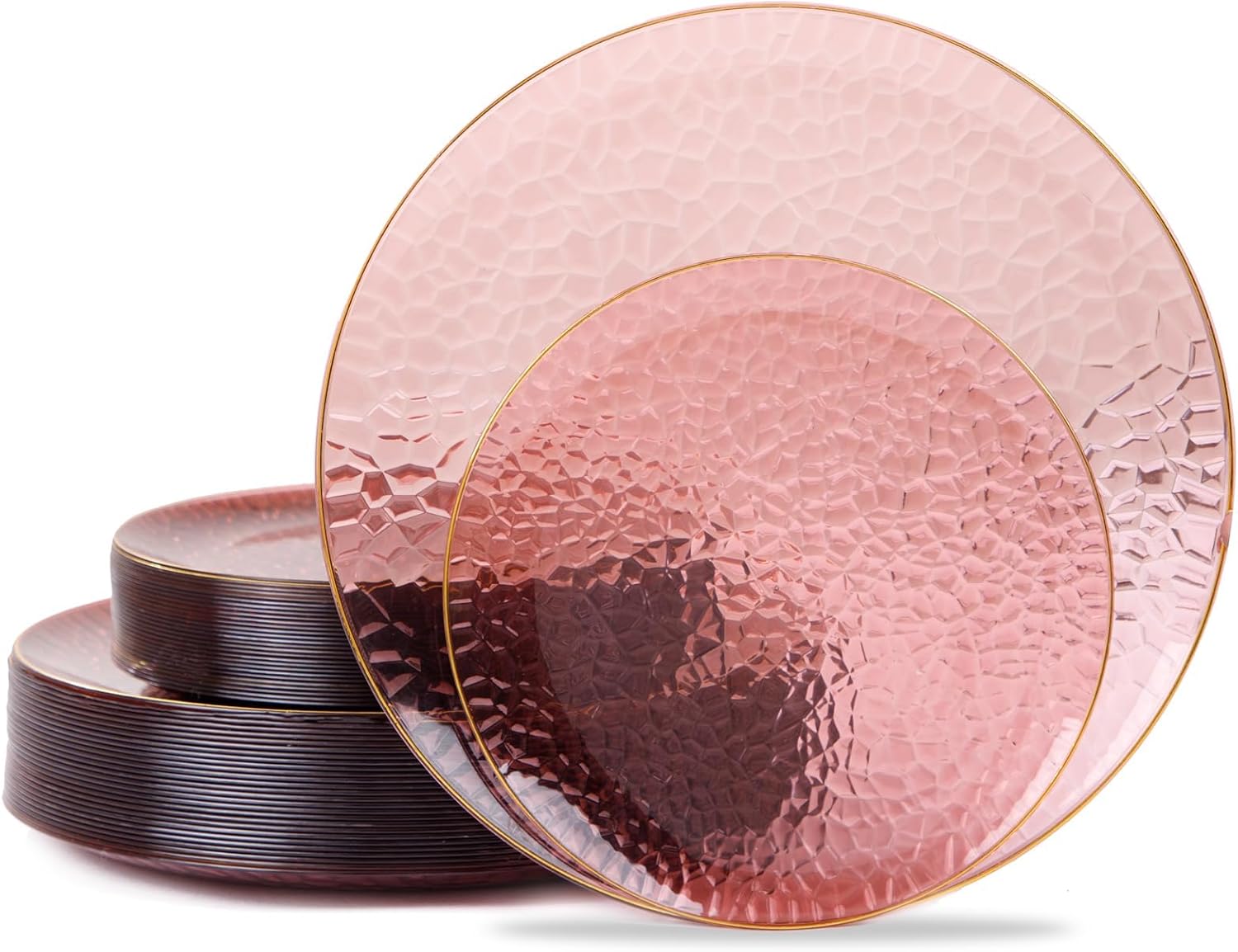 Hioasis 60pcs Burgundy Plastic Plates - Gold Rimmed Disposable, Hammered, Heavy-duty Dinnerware Set Suitable for 30 Guests, 10.25" Dinner & 7.5" Dessert Plates for Party & Wedding