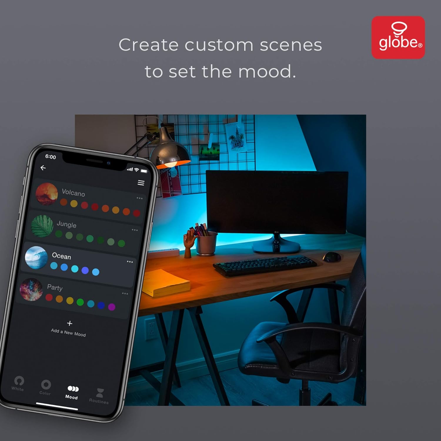 Smartphone app interface showing custom scene creation for LED lights
