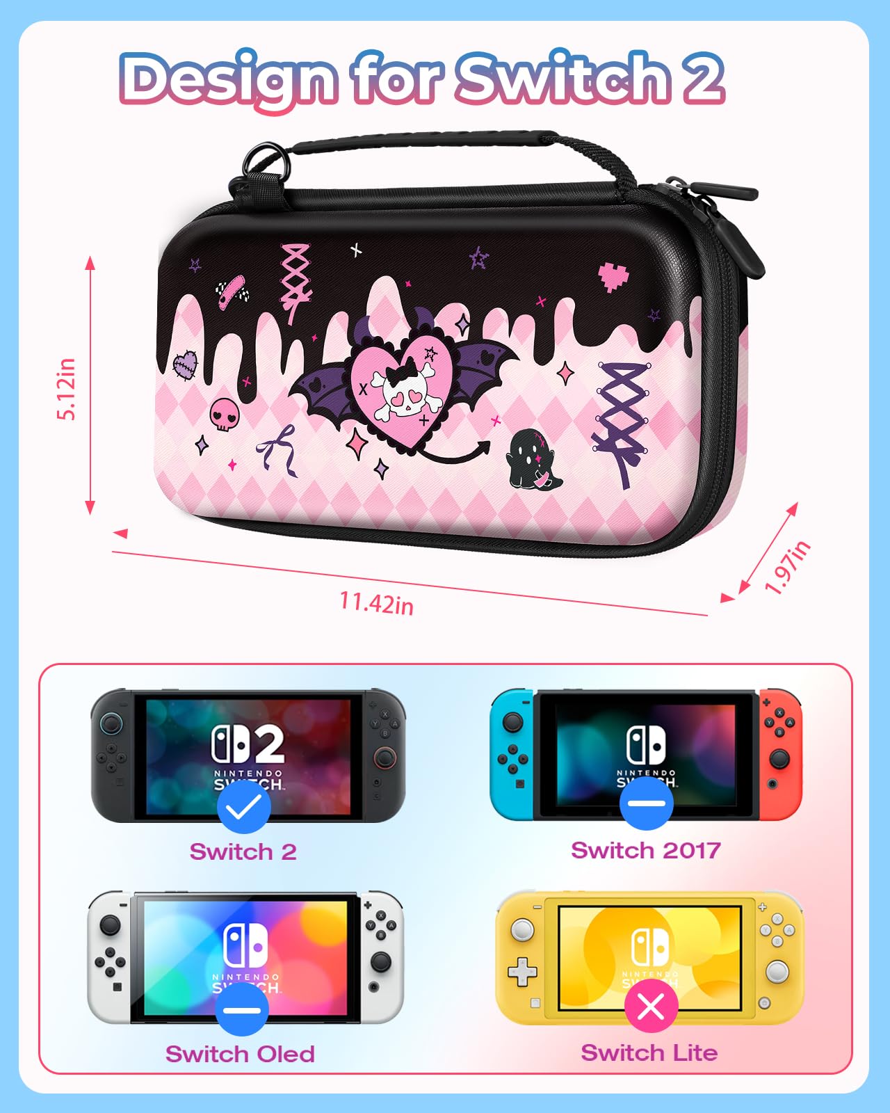 Funda de Transporte para Nintendo Switch 2 (2025) - Bonito diseño Kawaii con asa y Correa para Switch 2 - Funda de Viaje portátil de protección rígida para Mujeres, niños, Adolescentes y