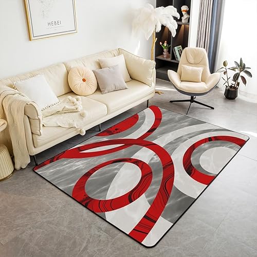 Gray Red Geometric Area Rug 5x7 Marble Print Circle Trippy Swirl Decorative Carp