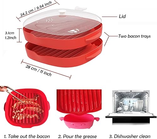 Miniatura 4 de Máquina de tocino fácil para microondas, 2 bandejas para parrilla de tocino, olla de tocino con tapa para salpicar, haz tocino crujiente en minutos