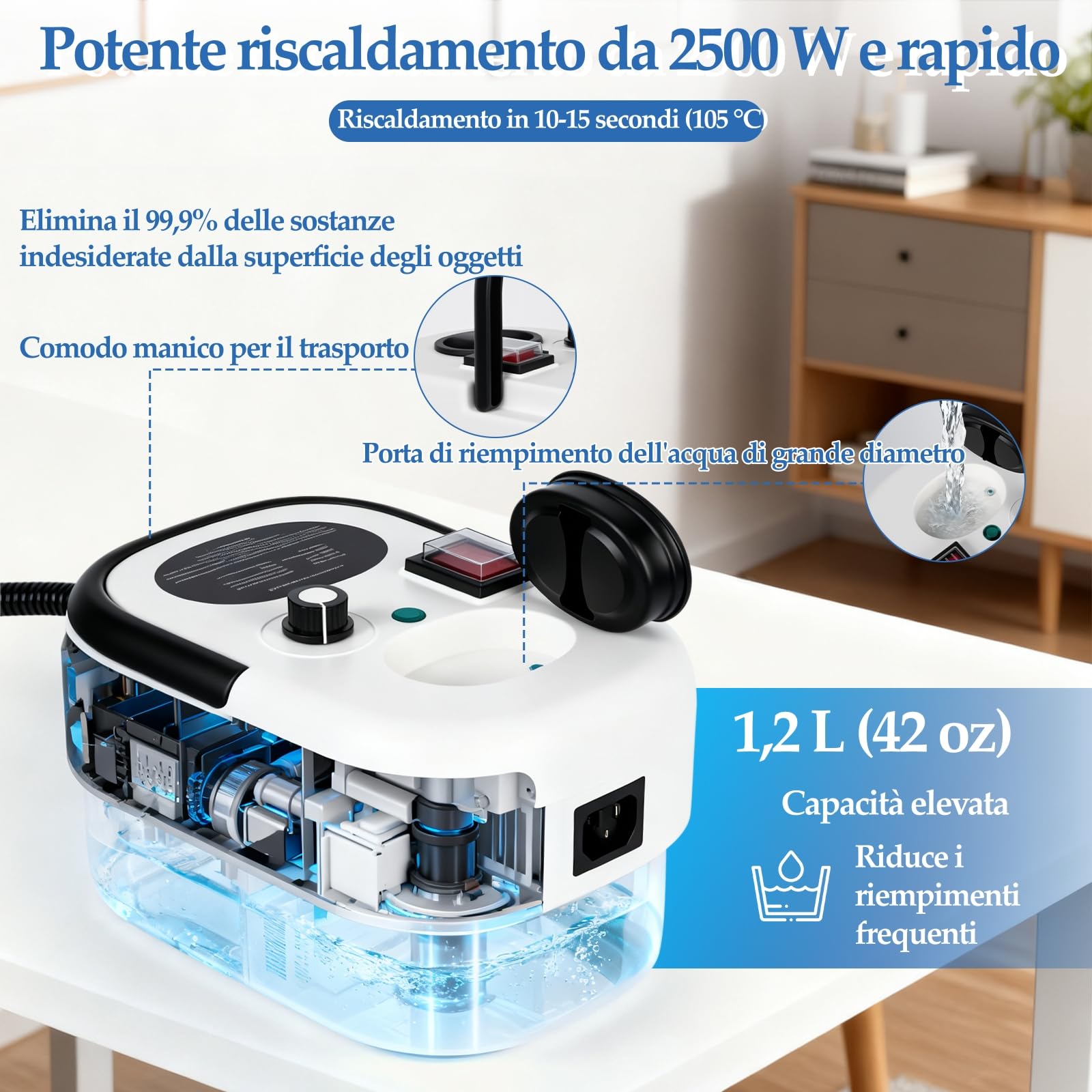 Pulitore a Vapore Portatile 2500W 3.5Bar con Serbatoio 1200ml, 6 Livelli Regolabili, Riscaldamento Rapido 15s, Temperatura 105°C per la Pulizia Casa - Ideale per Pavimenti, Piastrelle, Divani e Auto