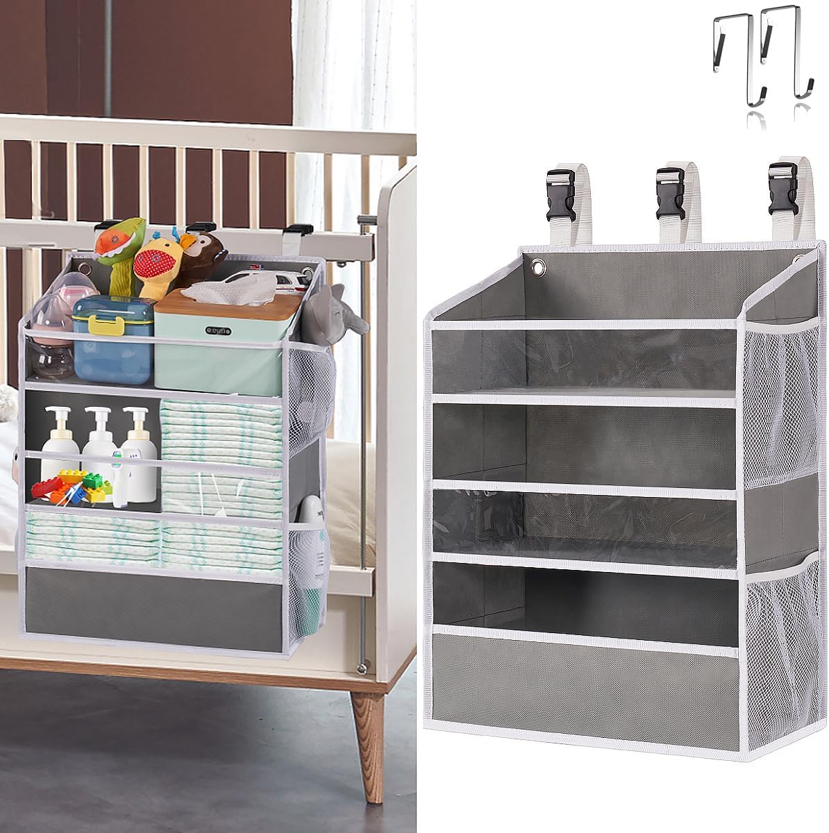 WishJazz XL Hanging Diaper Caddy Organizer for Changing Table, Crib, Playard, Wall & Door, Reinforced Diaper Stacker and Nursery Organizer-Hold 90+Diaper for Newborn Baby Essentials