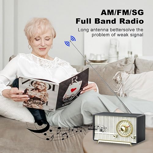 Miniatura 6 de YOWGUIF - Radio AM FM clásica retro de madera para mesa, altavoces Bluetooth, radios enchufables de pared con perilla giratoria, ideal para el hogar
