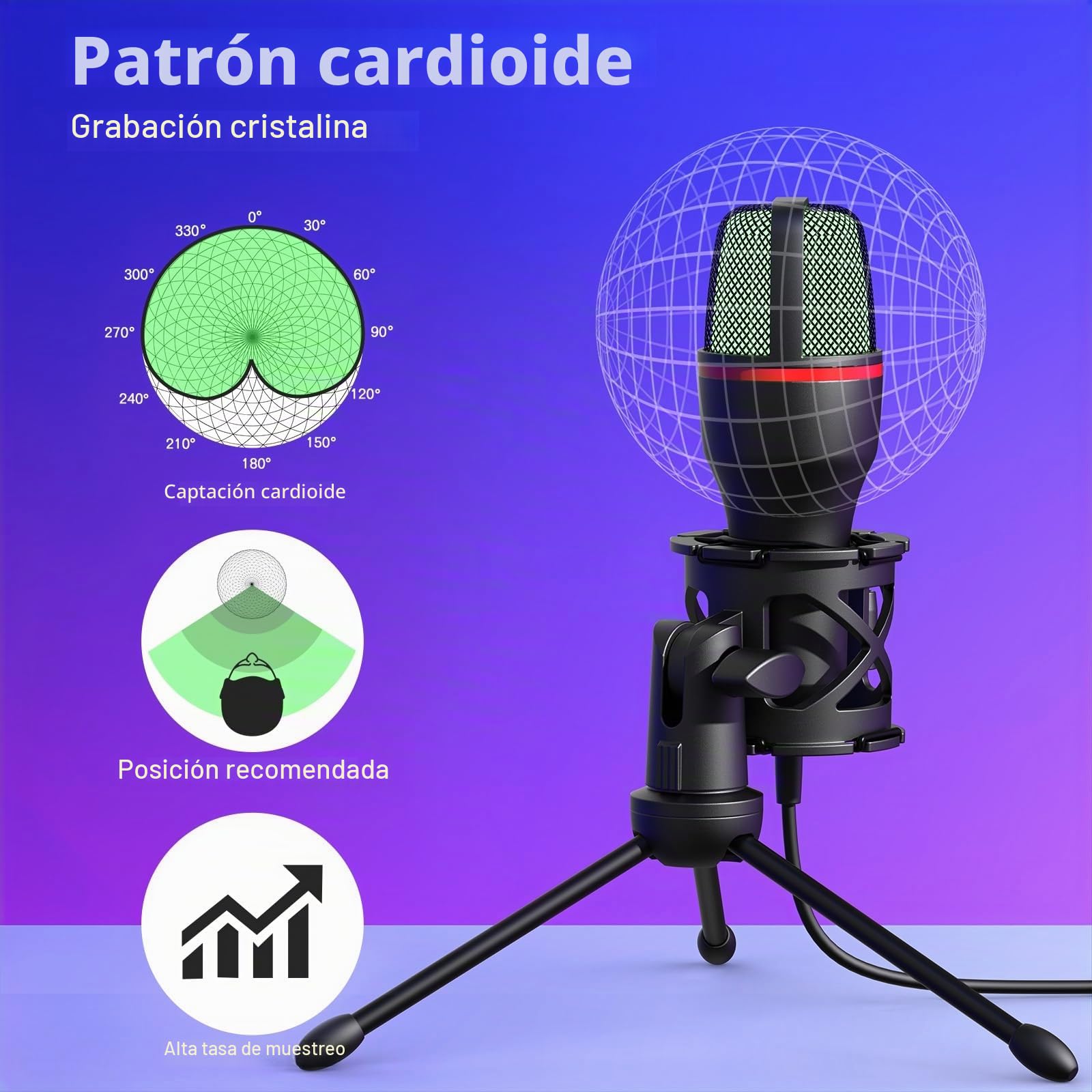 Hoppac Micrófono USB Profesional para PC, Microfono Condensador con Trípode y Filtro Pop, Plug & Play Microfono Compatible con PC, Portátiles, PS4/5, Microfono para Streaming, Podcasting, Youtube