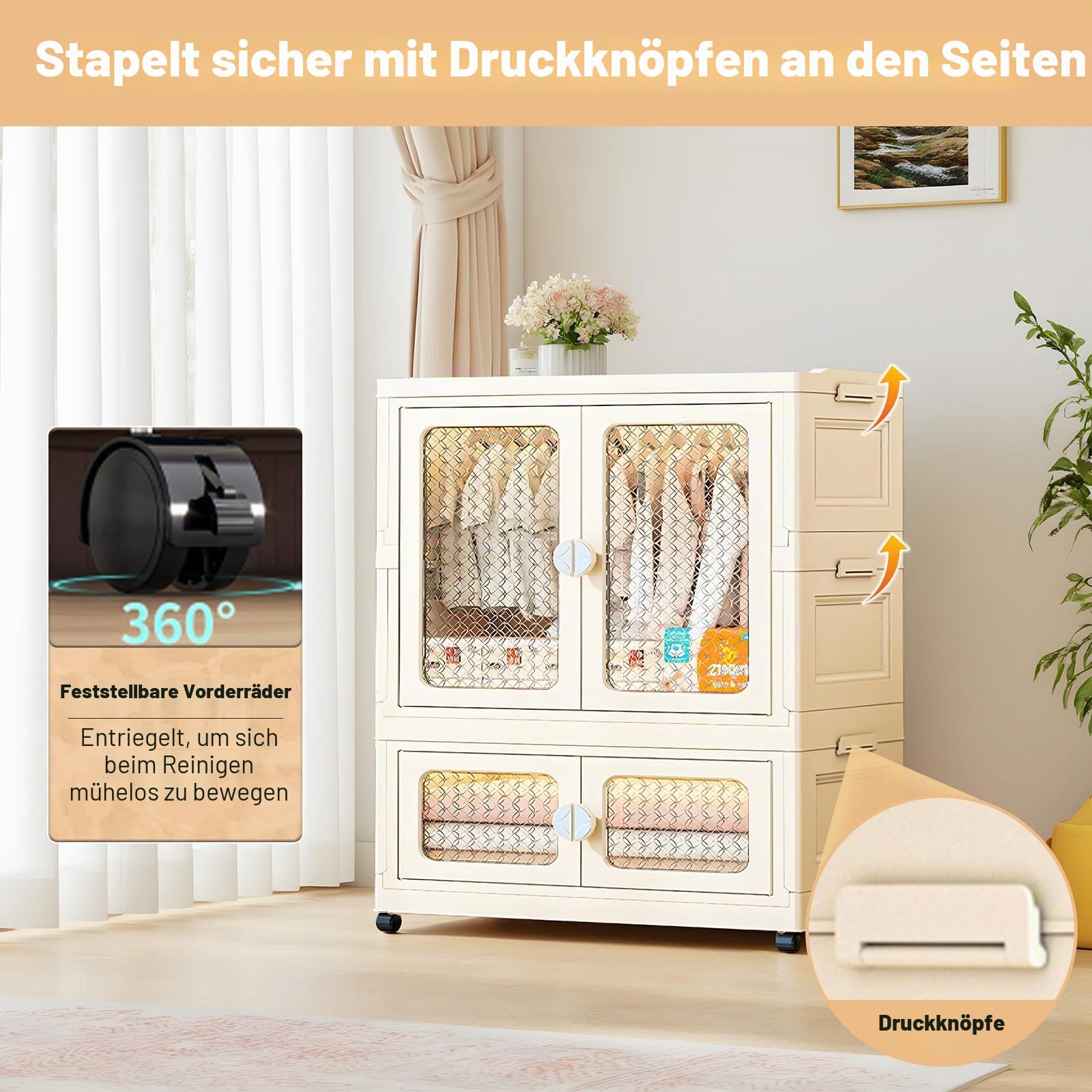 Tragbarer Kleiderschrank mit Doppeltüren - Zusammenklappbarer Schrank mit Rollen 103x75x38cm - Kunststoff-Klappkommode mit Kleiderstange 1 Aufhängung + 1 Aufbewahrungen - Weiß