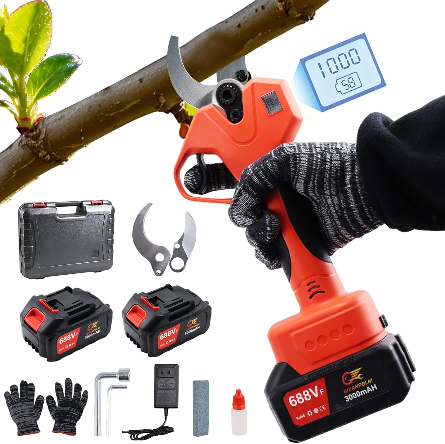 Electric Pruning Shears,2 inches (50mm) Cutting Diameter,Cordless Pruning Shears with LCD Display,2pcs 3000mAh Rechargeable Lithium Battery, 2pcs Upgraded SK5 blades