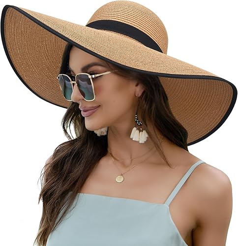 Naivlizer Sombrero de sol de ala ancha para mujer, UPF50, sombrero de paja para verano, sombrero de playa flexible enrollable