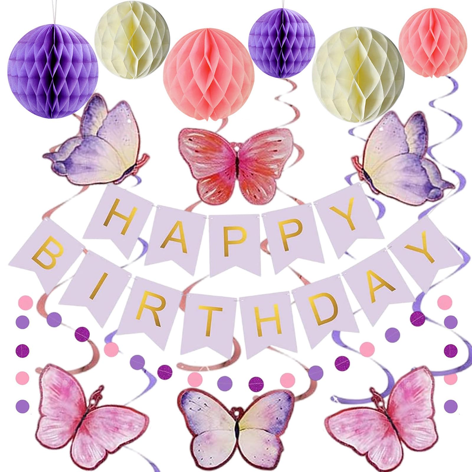 Purple Butterfly Birthday Decoration, Purple Happy Birthday Party Decoration for Girl Woman with HappyBirthday Banner Honeycomb Ball Butterfly Hanging Swirl Streamer, Girl Woman Butterfly Party Pack — image 1