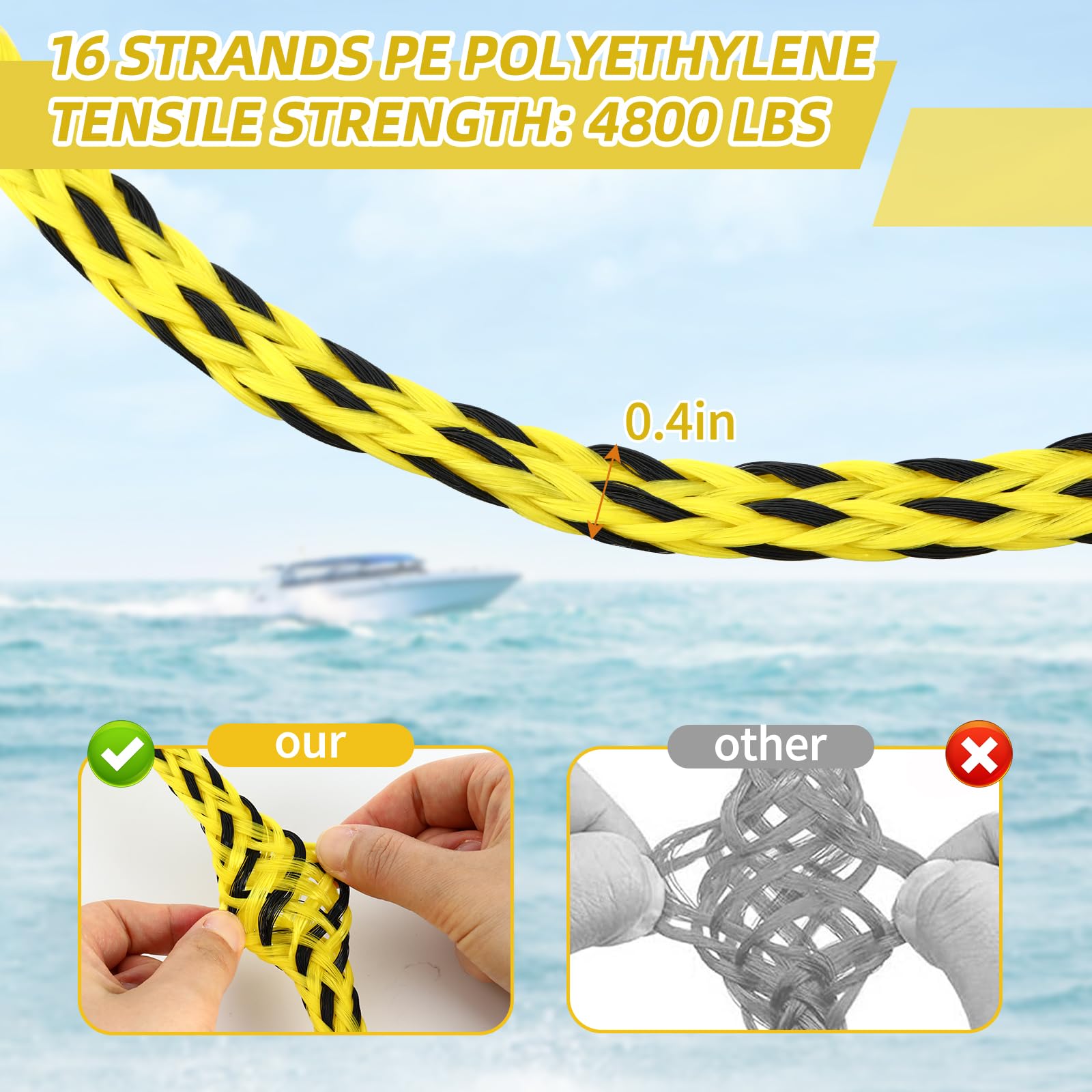 Arnés de remolque con flotador, cuerda de remolque de barco para tubo, arnés de remolque resistente para esquí acuático, wakeboard, rodillas, 8 pies