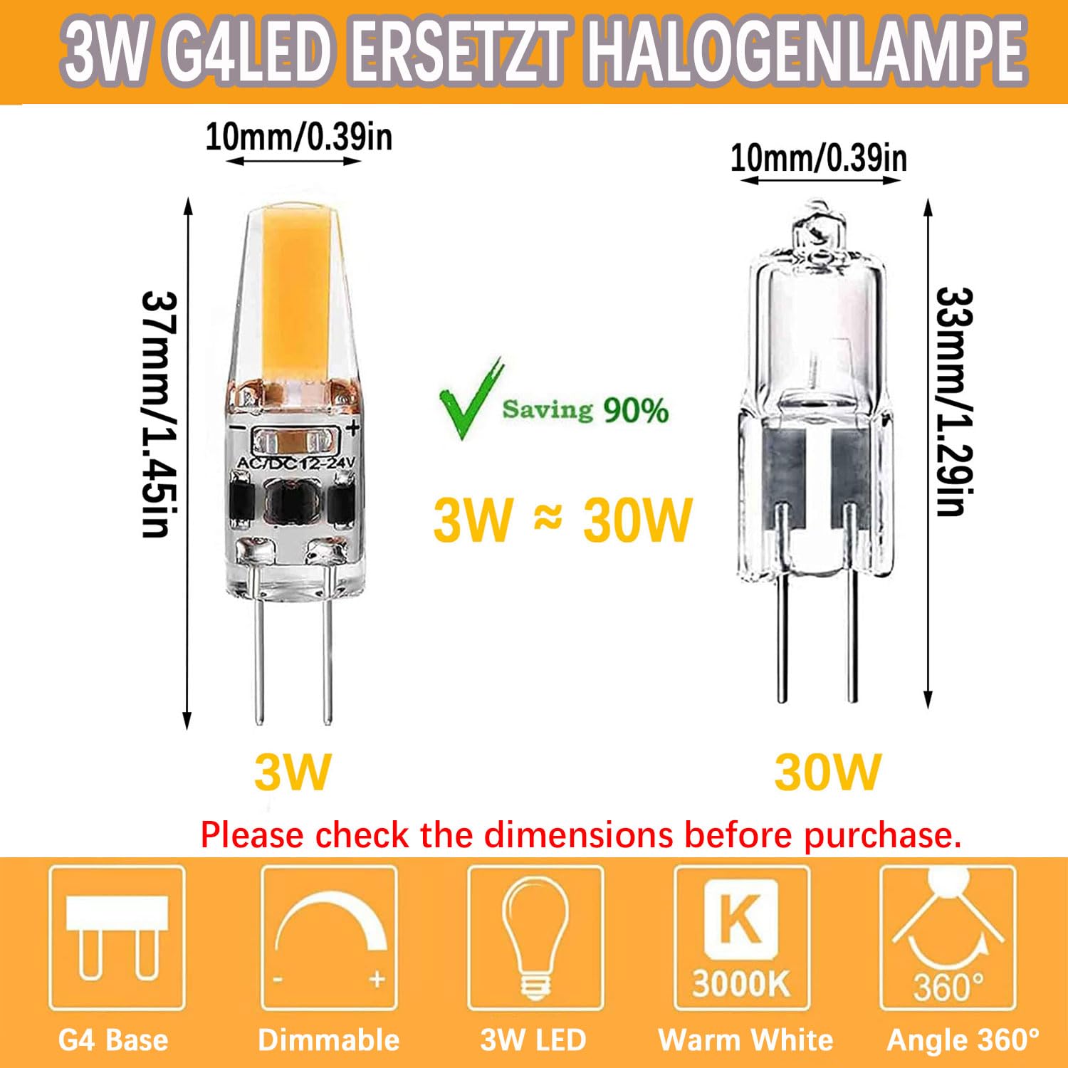 Żarówki LED G4, 3 W, odpowiednik halogenu 30 W, możliwość ściemniania, 300 lm, AC/DC 12 V-24 V, ciepła biel 3000 K, szeroki kąt 360°, oszczędność energii, 8 sztuk