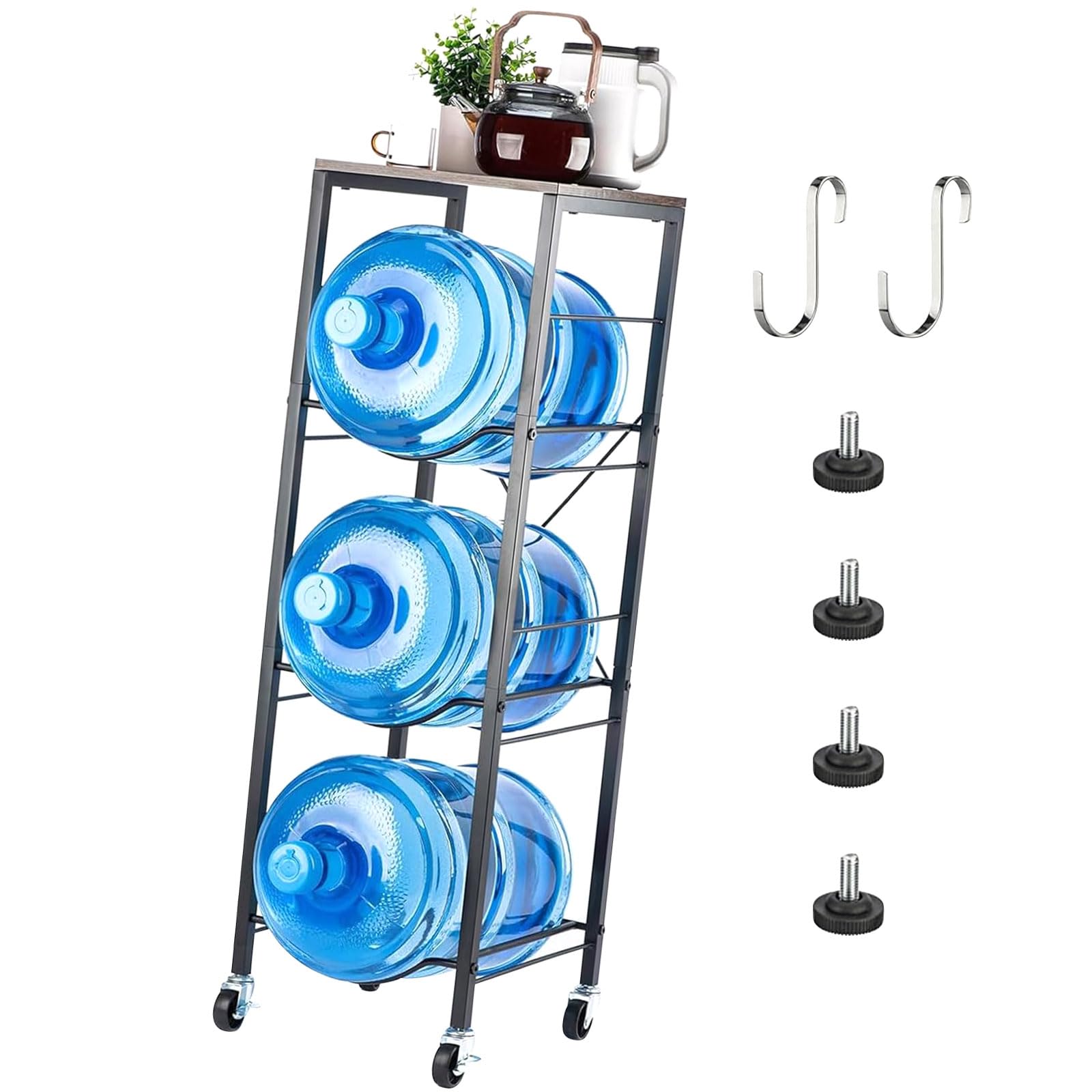 Soporte móvil para cubo de agua con tres niveles y para uso doméstico, estante de almacenamiento de acero al carbono, diseño vertical, soporte para botellas que ahorra espacio