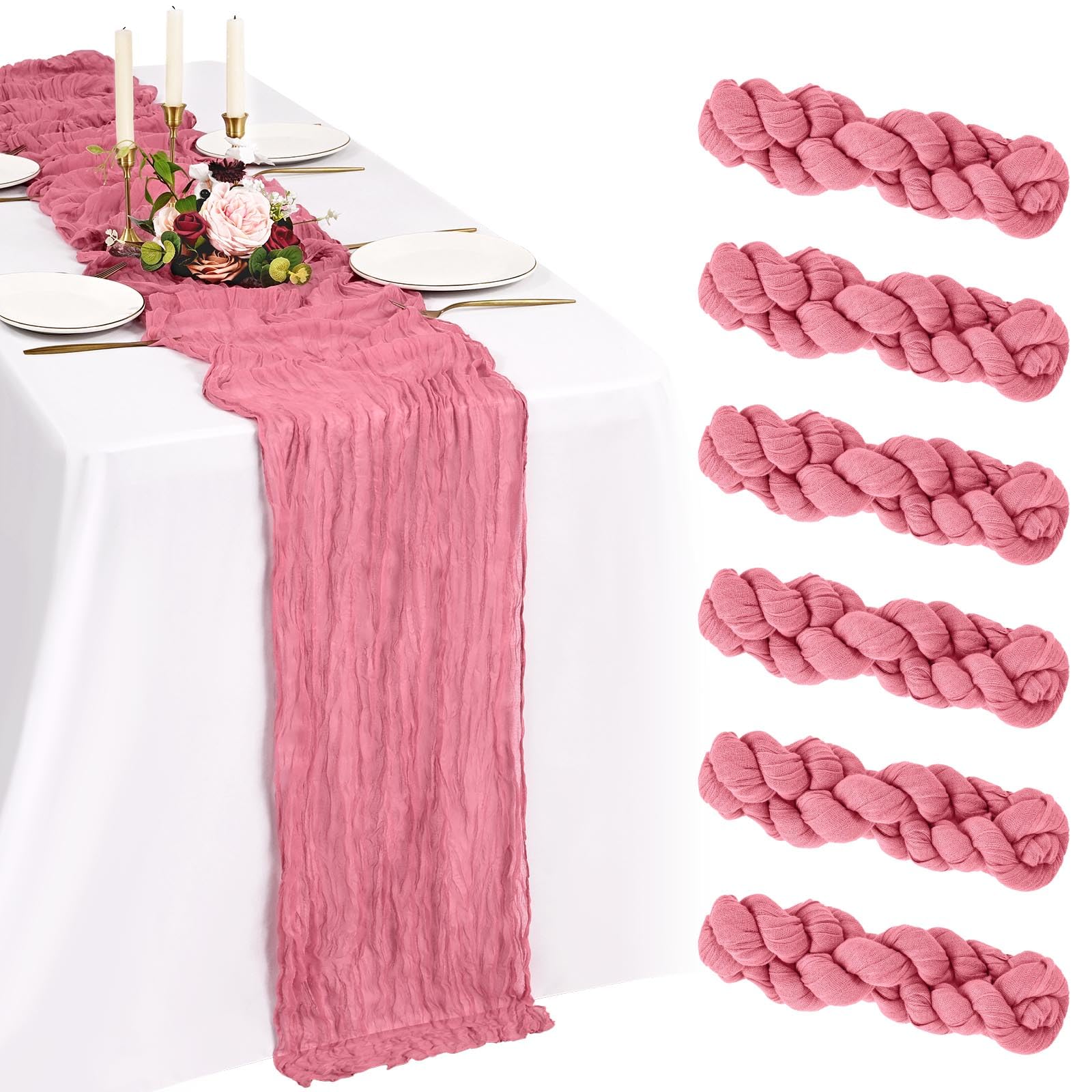 Showgeous 6 Pack Dusty Rose Cheesecloth Table Runners,21x120 Inch