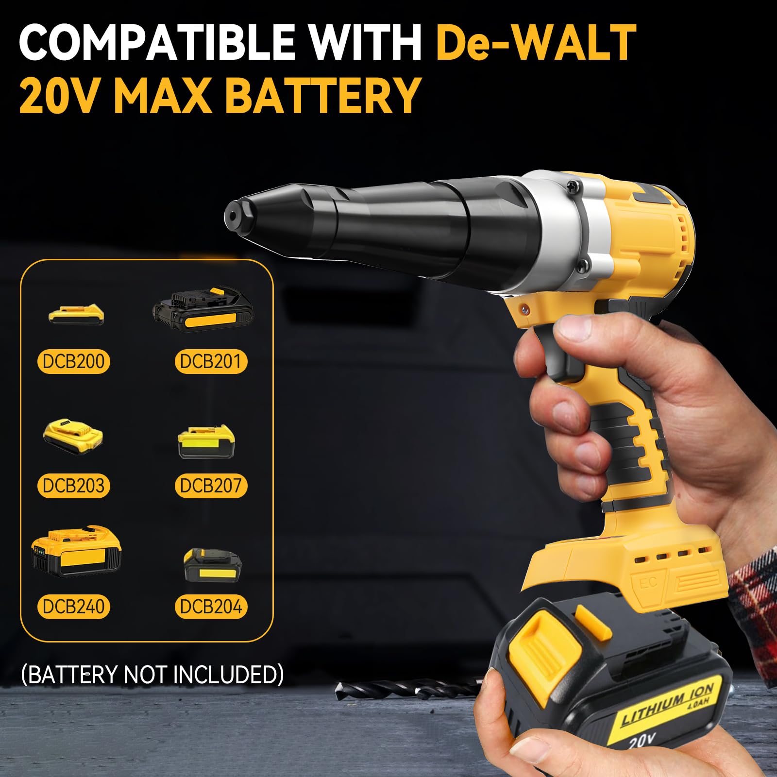 Pistola remachadora inalámbrica compatible con Dewalt batería 18V (sin batería), pistolas de tuerca de remache automáticas eléctricas con 40 remaches para remaches de 1/8 pulgadas, 5/32 pulgadas