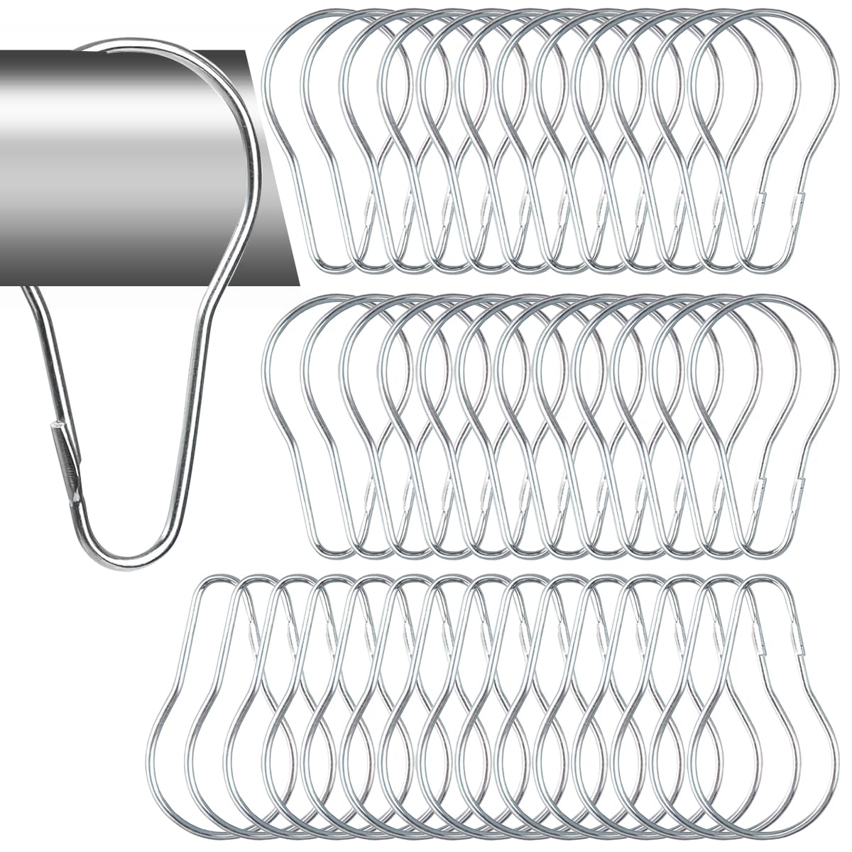 LOSYHUMetal Shower Curtain Hooks 200 PCS Hanging Shower Clips Practical Shower Curtain Hangers Reusable Metal Shower Curtain Rings for Bathroom Bedroom Kitchen Home Curtain Applications, Silver