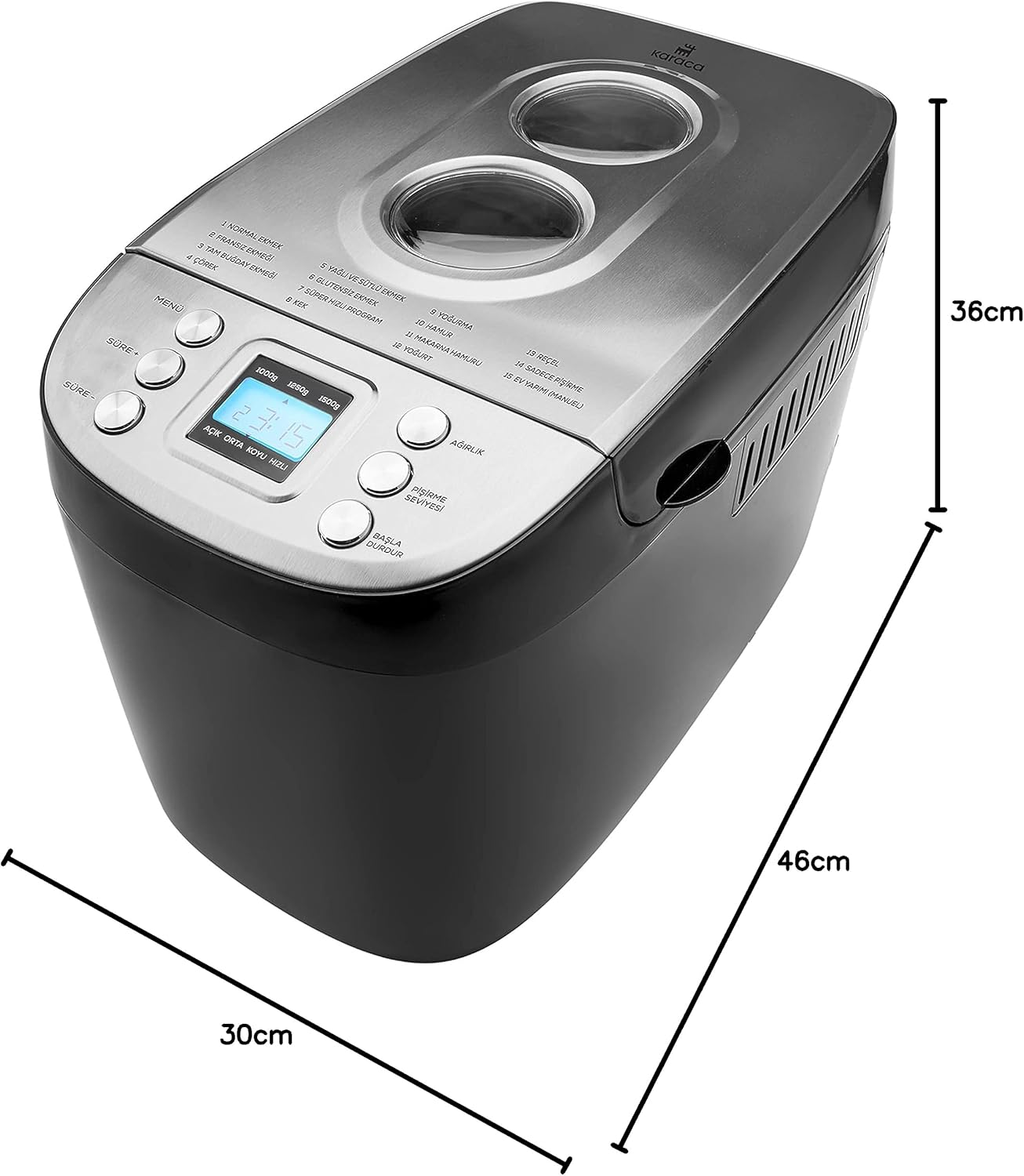 Karaca BakeXL Bread Maker with dimensions labeled