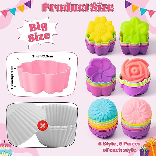 Miniatura 2 de R HORSE 42 moldes de silicona de gran tamaño, 3 x 1.2 pulgadas para cupcakes, múltiples formas de flores, tazas para hornear, moldes antiadherentes,