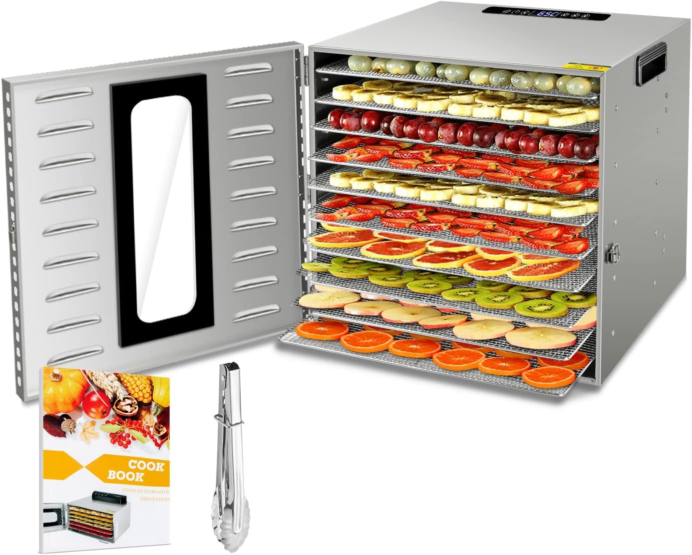 GCSJ New Arrival 10 Trays Food Dehydrator Machine with Visible Glass Window, All Stainless Steel, Thermostat 30-90ยฐC, Timer 24 Hours, Dehydrator for Fruit, Vegetables, Meats and Chili, BPA-Free