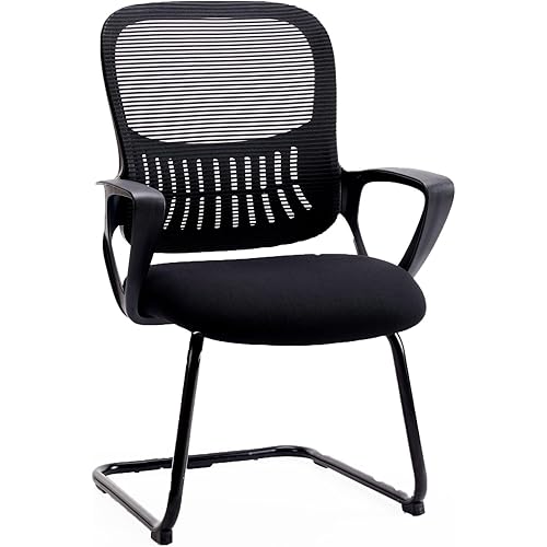 SMUG Desk Chair No Wheels, Mid Back Computer Chair Ergonomic Mesh Office Chair with Larger Seat, Executive Sled-Base Task Chair with Lumbar Support and Armrests for Women Adults, Black