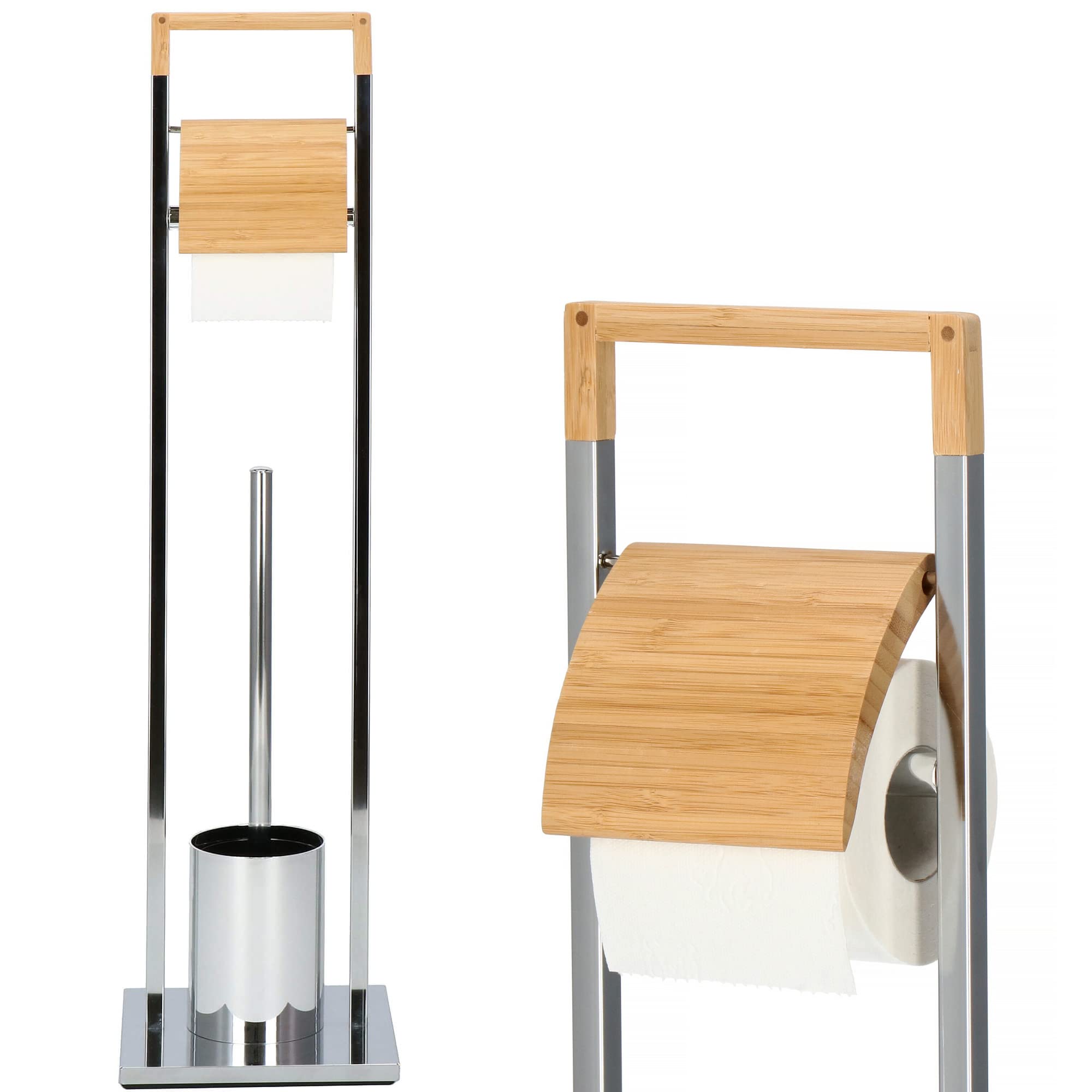 SPRINGOS Supporto per scopino WC con porta carta igienica integrato, in bambù, in metallo, 75,5 cm