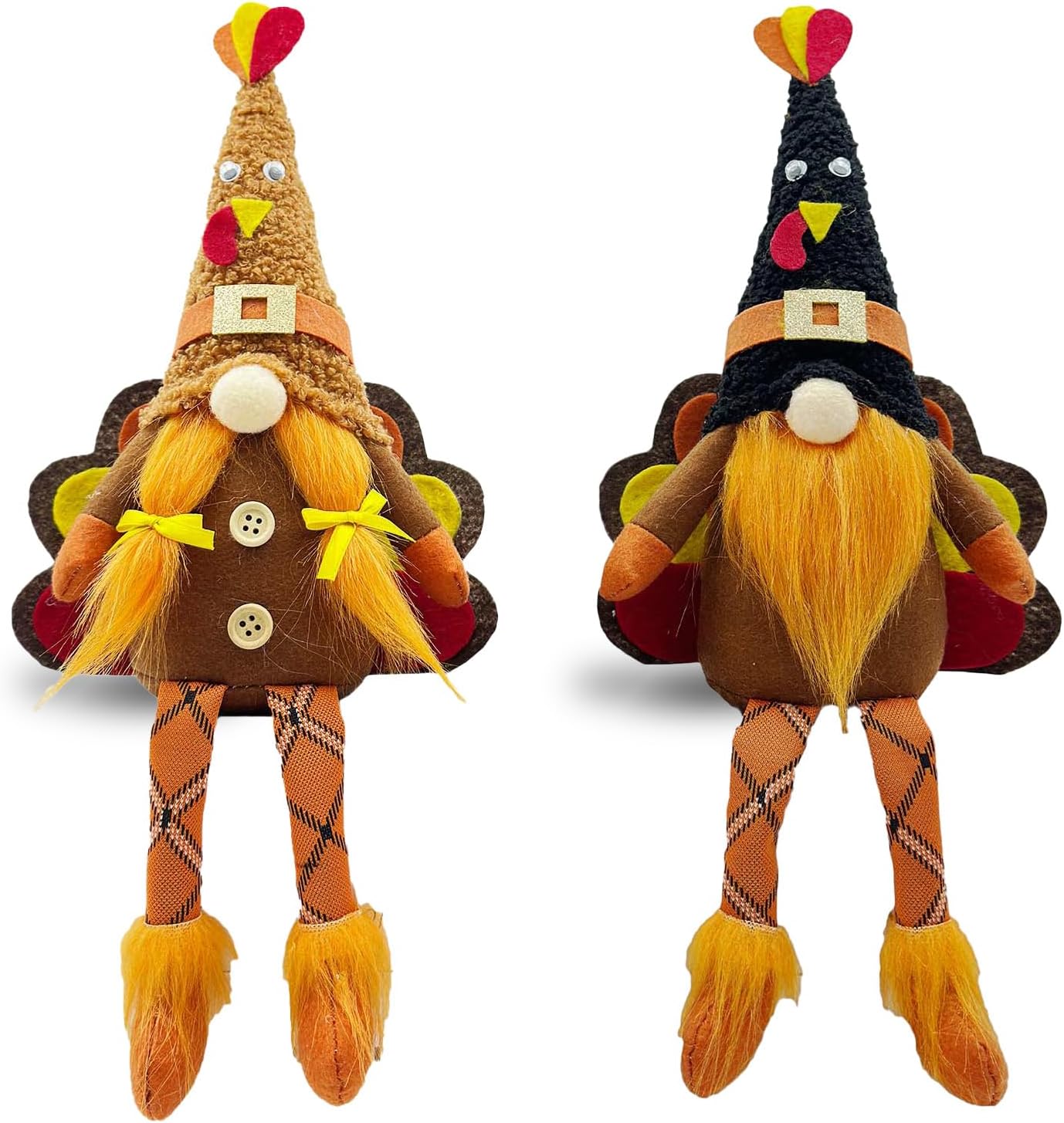 2PCS Thanksgiving Turkey Gnome Plush with Dangling Legs – Handmade Swedish Tomte Fall Decor for Table, Bookshelf, Tiered Tray – Cute Autumn Decorations for Home