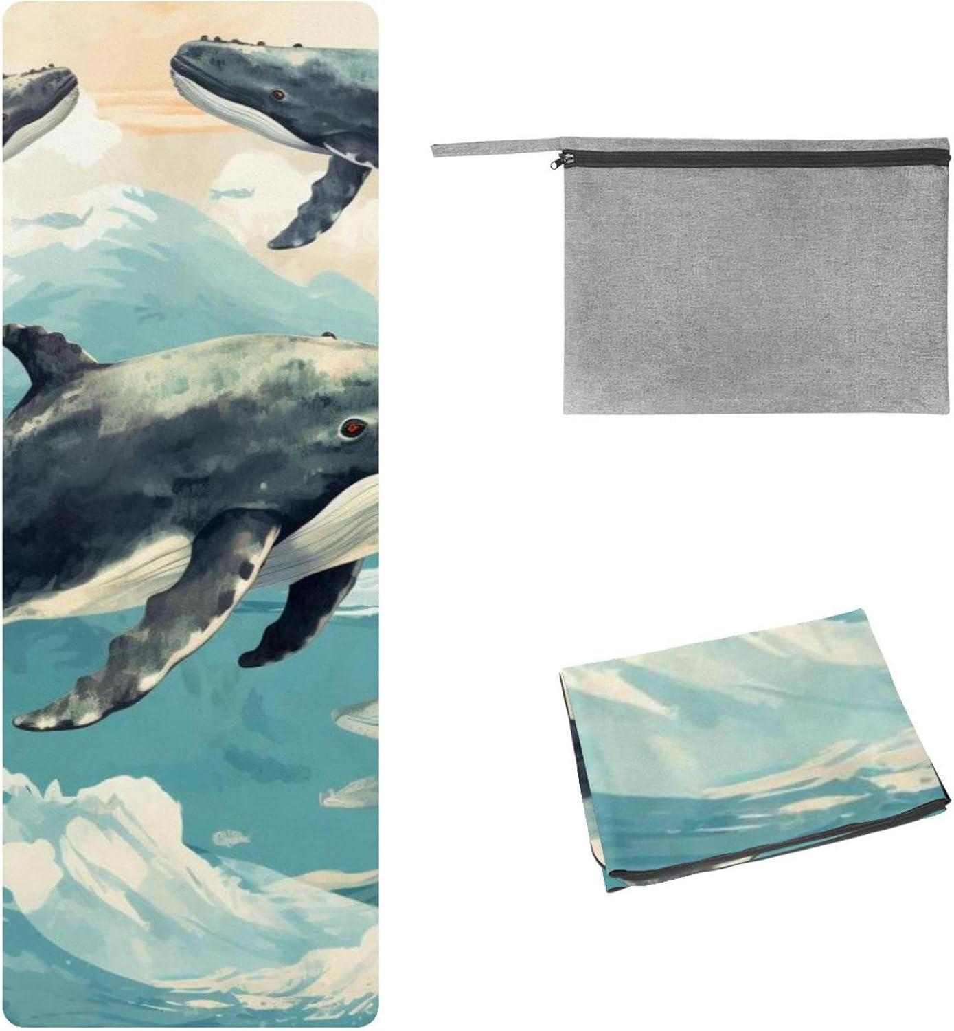 Yoga Towel, Whale Sea Pattern Non Slip Sweat Absorbent Hot Yoga Mat Towel for Hot Yoga, Pilates and Fitness - 72.8" x 26.8"