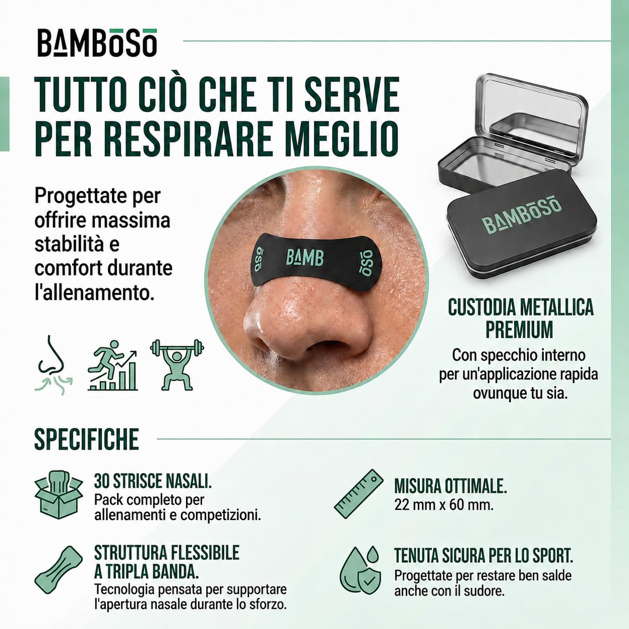 Bamboso 30 Strisce Nasale Sportive Nere | Migliora la respirazione durante lo sport | Allevia la congestione e aumenta le prestazioni fisiche | Ipoallergeniche e comode