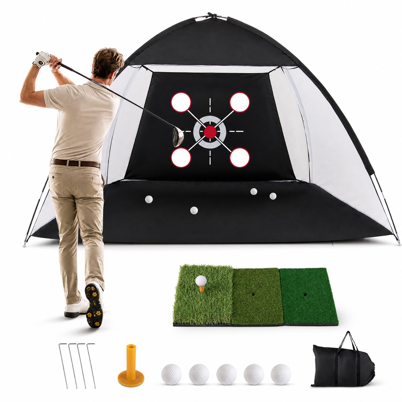 LIFEZEAL Golfnetz 314 x 199 cm, Golf Übungsnetz mit Schlagmatte, Trainingsnetz Set inkl. Bällen, Tee & Tragetasche, Zielnetz für Outdoor & Indoor, Schwung Training Set für Golfliebhaber