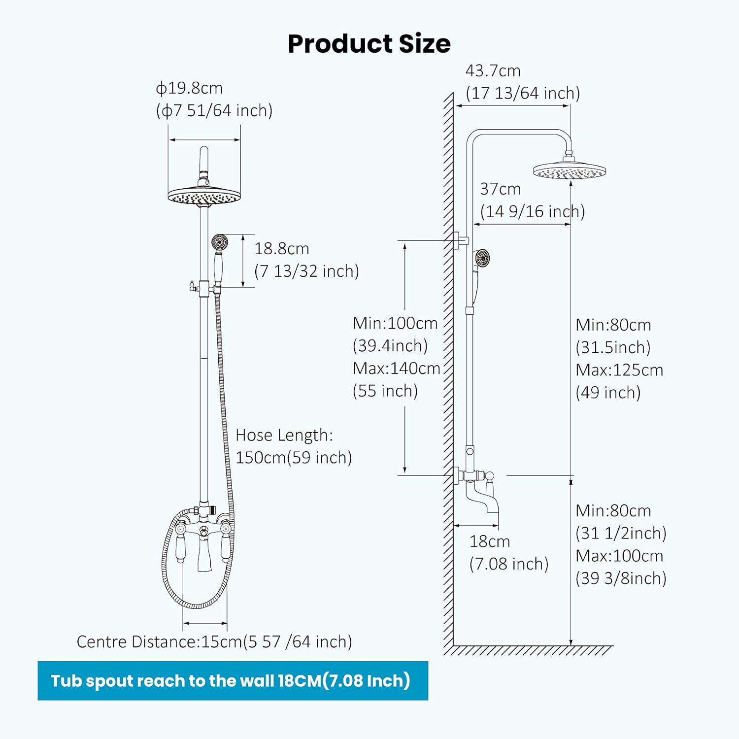 Oil Rubbed Bronze Bathroom Luxury Shower Faucet Rain Mixer 8 Inch Round Head with Matching Matte Black Clawfoot Tub 3-3/8 Inch Adapter Adjustable Swing Arms