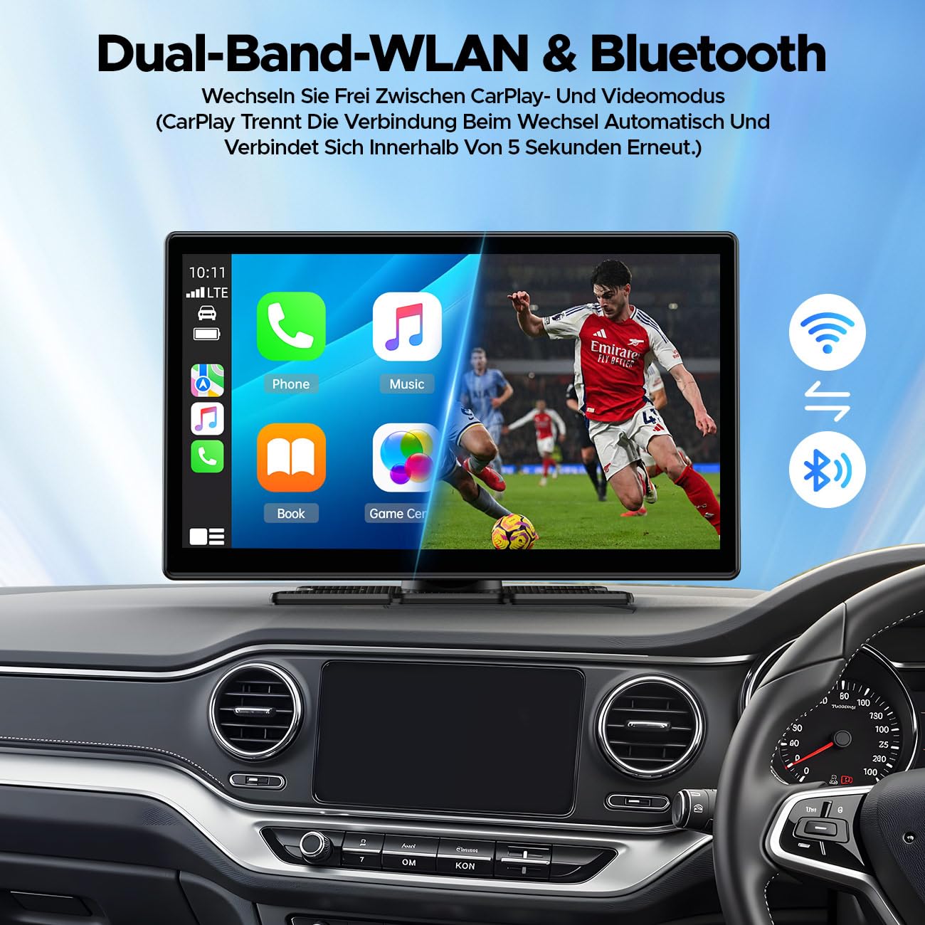 LAMTTO Wireless Carplay Display mit Net-Flix YouTube Tiktok 9 Zoll In-Cell Touchscreen CarPlay-Bildschirm und Android Auto mit Rückfahrkamera/Navigation/OTA/Sprachassistent/Bluetooth/AUX/FM