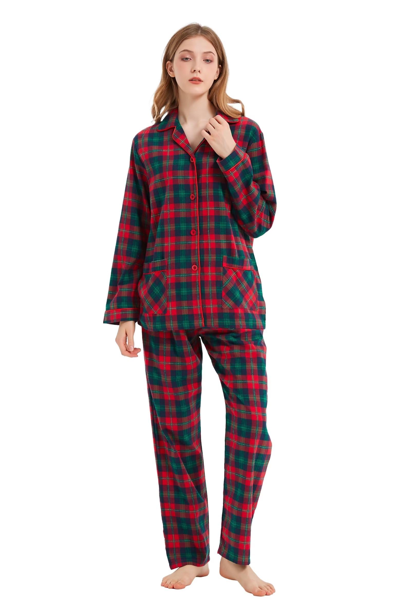 Pigiama da donna 100% flanella di cotone tinto in filato, comodo pigiama a maniche lunghe per l'inverno