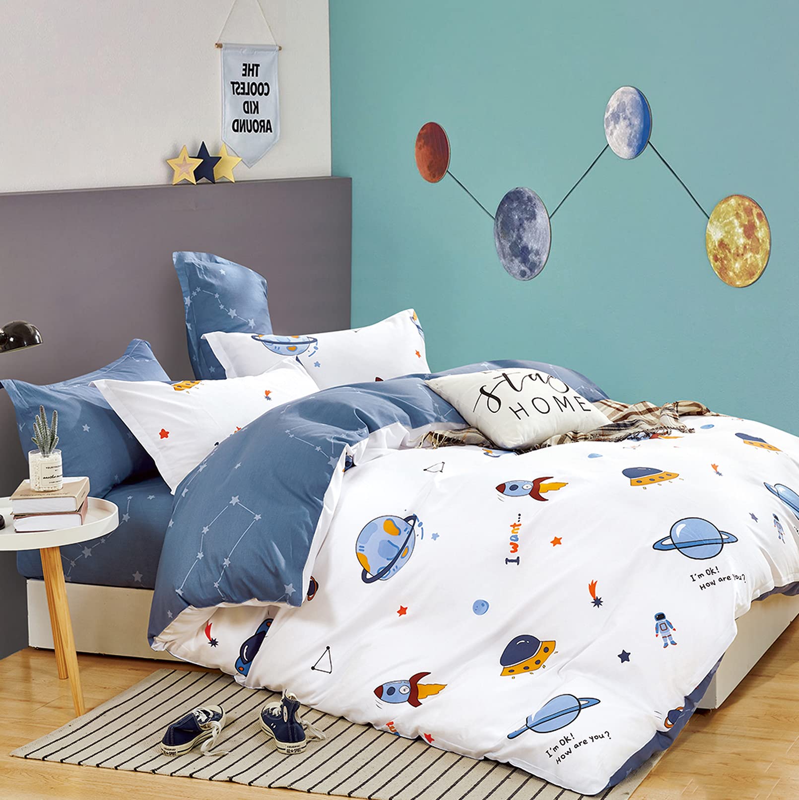 KEAYOO Kinderbettwäsche 135x200 für Jungen und Mädchen Baumwolle Weltraumreisen Thema Besttwäsche mit Süß Muster und Reißverschluss Bettwäsche 135x200cm+80x80cm 2tlg