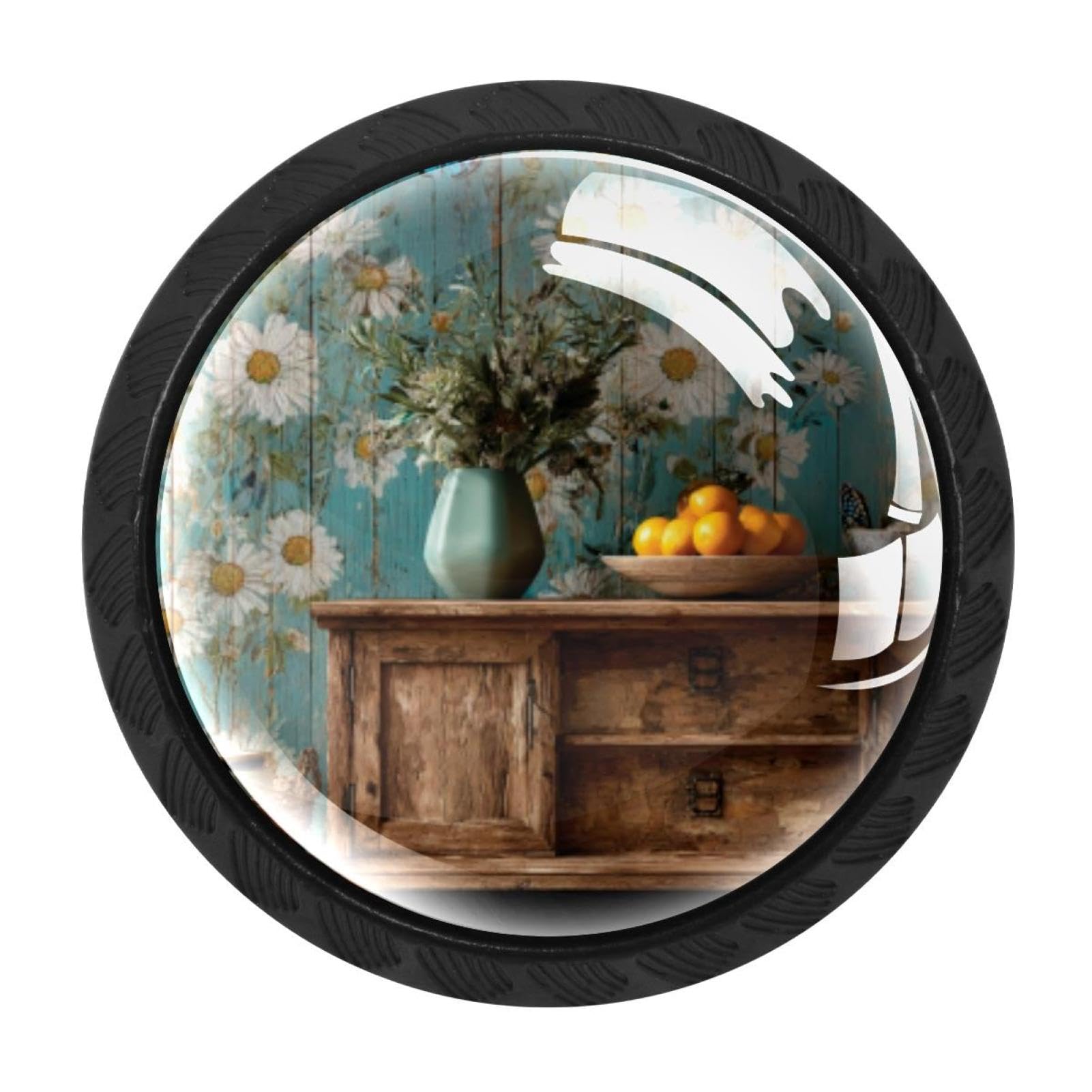 CHENZZZZ 4 Pack Rustic Teal Daisy Butterfly Farmhouse (6) Drawer Knobs Round Shaped Crystal Glass Cabinet Knobs Pull Handles