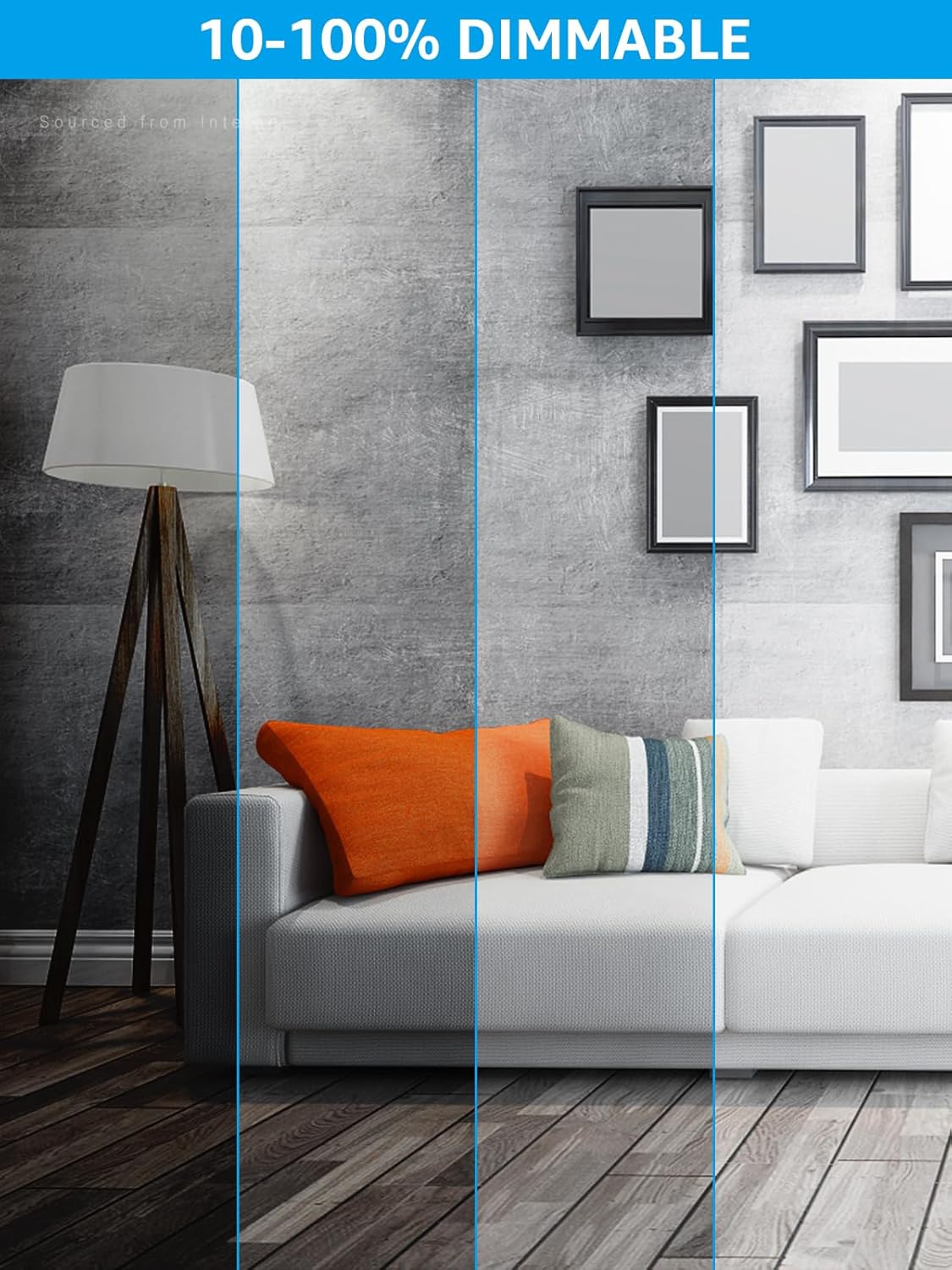 Comparison image showing a living room with lighting dimmed from 100% to 10%