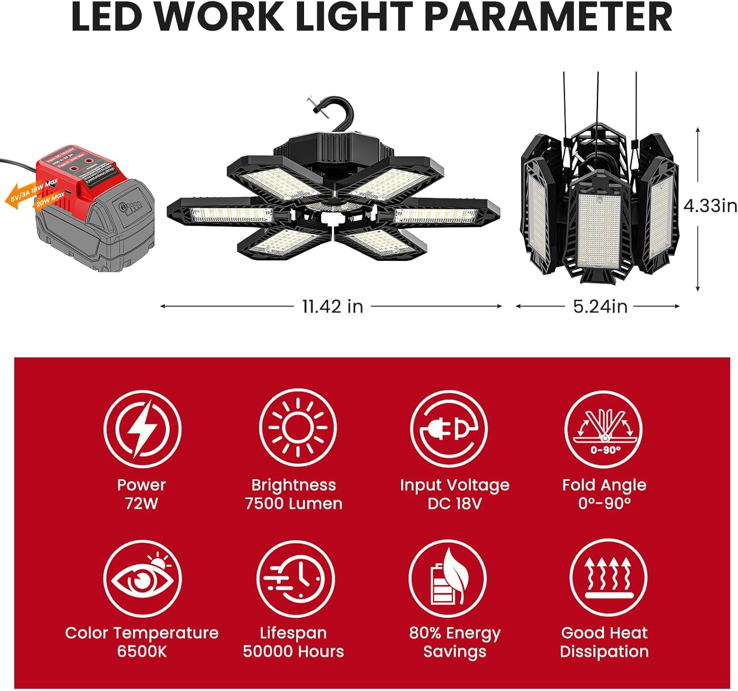 LED Work Light Compatible with Milwaukee M18 Battery - 68W 6800LM Ceiling Flood Light 6+1 Deformable Panels Garage Light with Type-C & USB-A, Emergency Camping Light for Shed, Workshop, Job Site