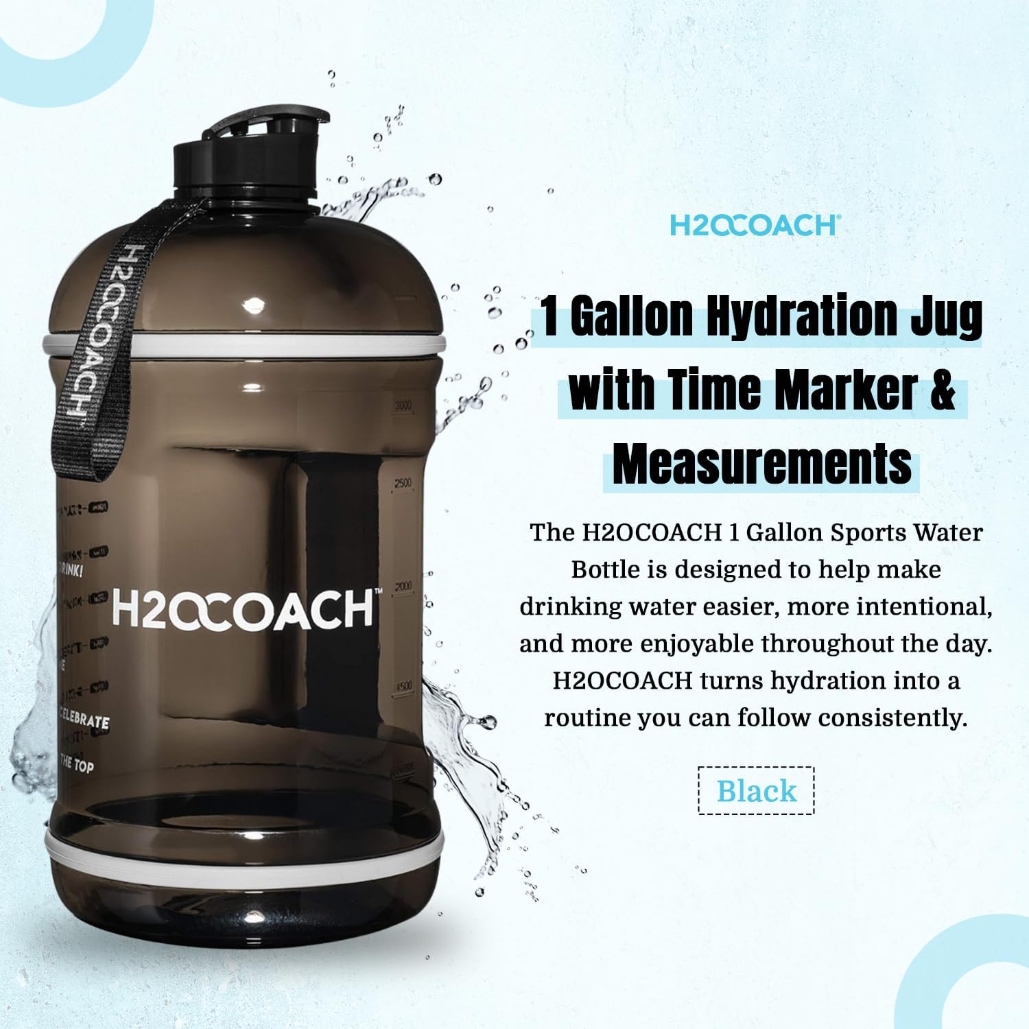 H2OCOACH 1 Gallon Hydration Jug with Time Marker & Measurements, BPA-Free Tritan Sports Drink Container, Motivational Daily Intake Tracker for Gym, Workout, & Fitness Routines (128 oz, Black)