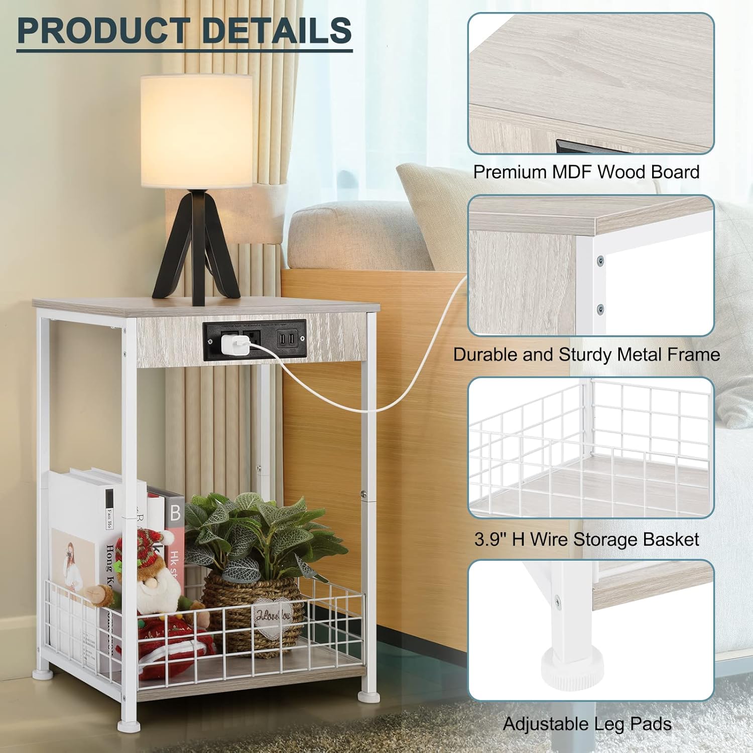 White Nightstands Set of 2 Bedroom End Table with Charging Station, Outlets and USB Ports, Narrow Side Tables for Small Spaces, Modern Bedside Night Stands for Living Room