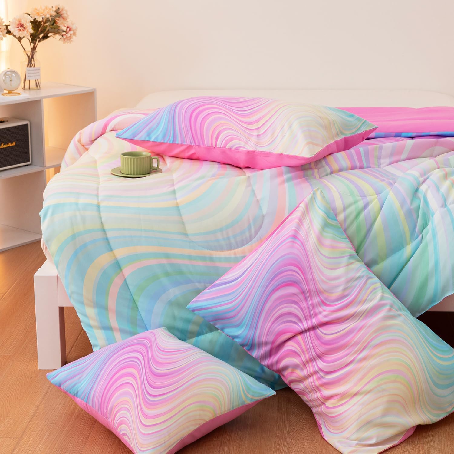 4 Pcs Girls Full Bedding Set, Tie Dye Superior Teen Comforter Sets, Pink Rainbow Full Bedding Set for Girls