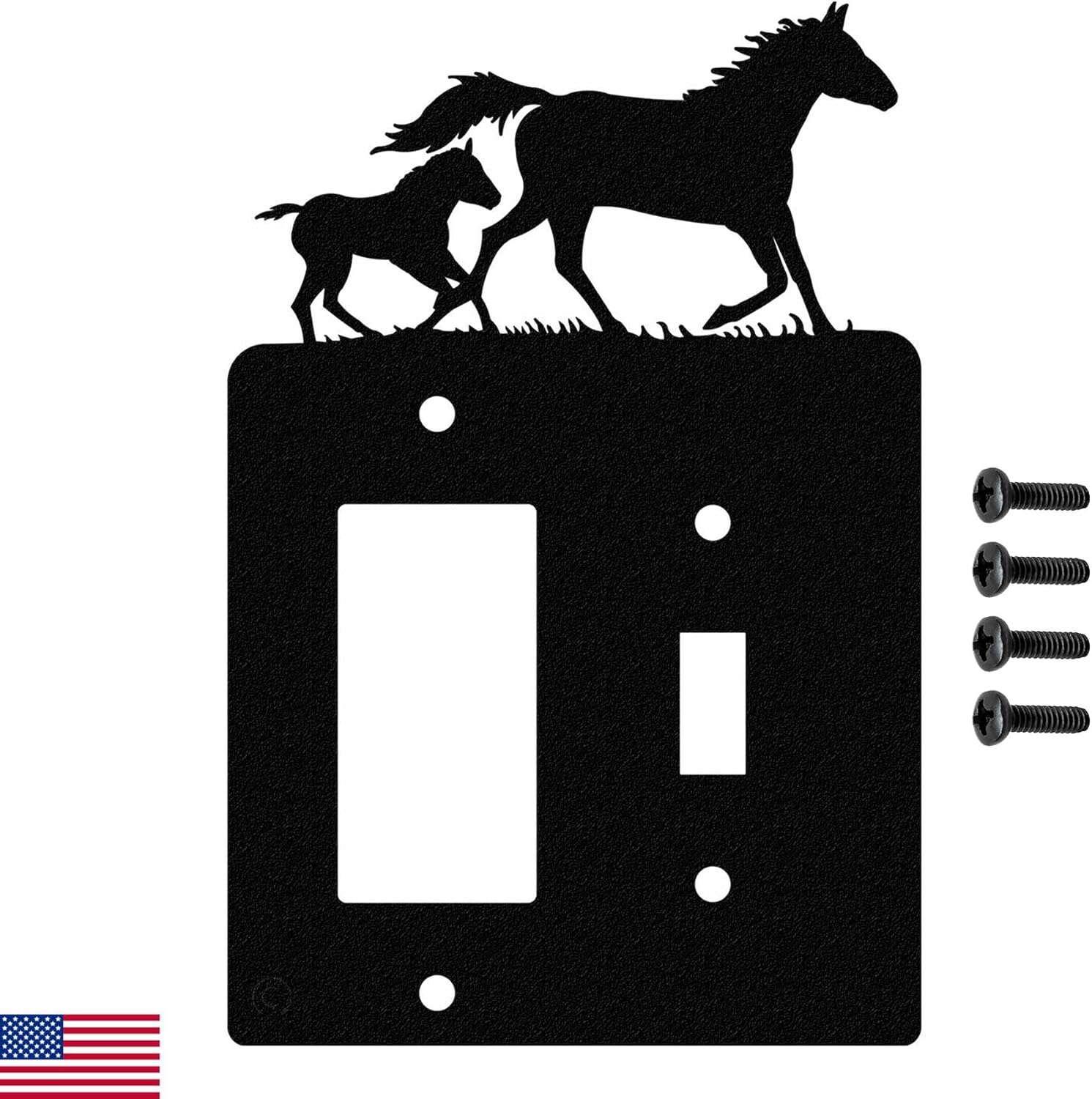 Mare & Foal Horse Toggle Light Switch & Single Gang (Rocker-GFCI) Wall Plate (Single Toggle with GFCI (Rocker), Black) - MADE IN USA