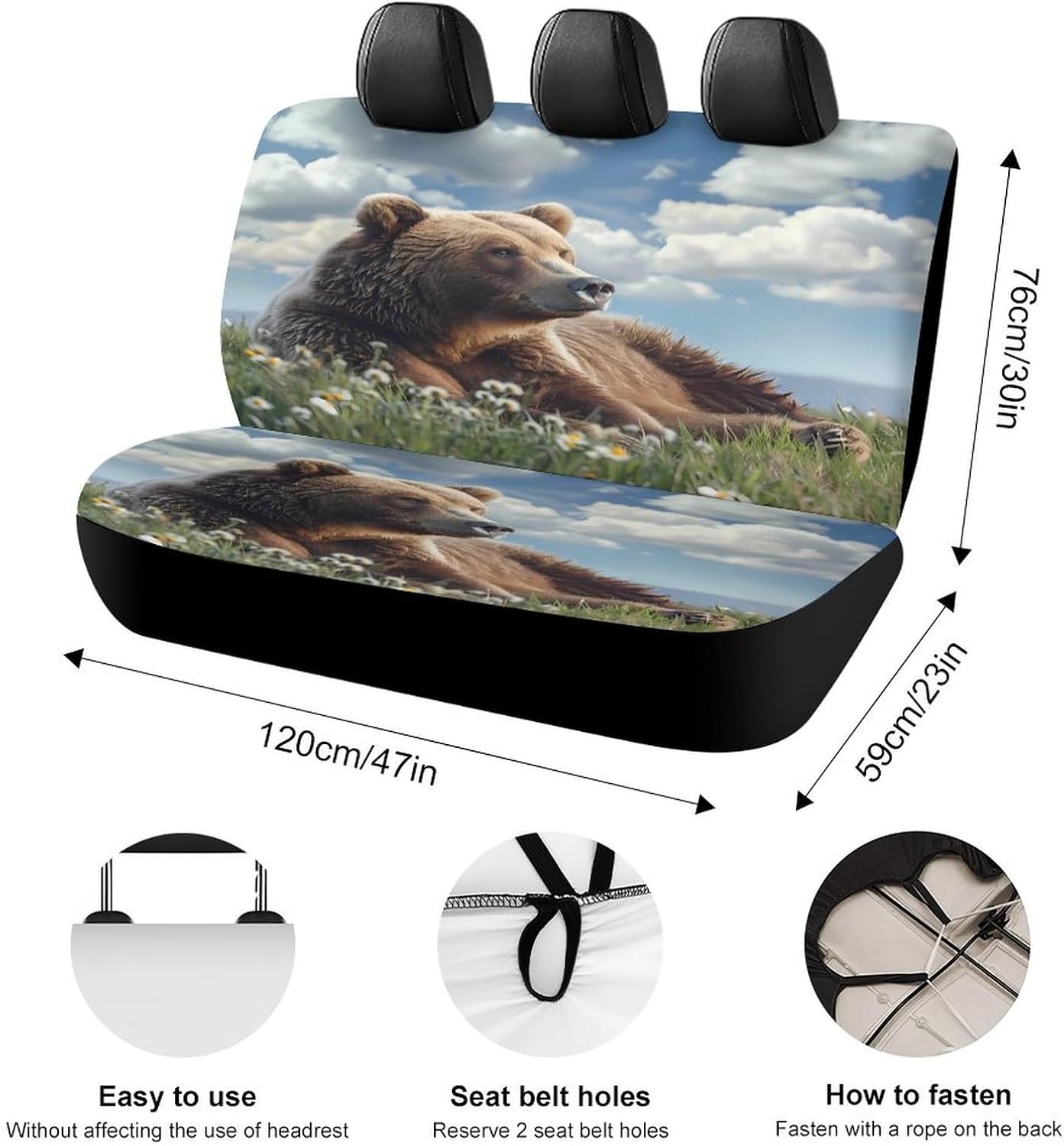 Cute Bear Car Seat Cover Print Rear Bench Seat Cover Car Seat Protector Car Interior Accessories for Women Men