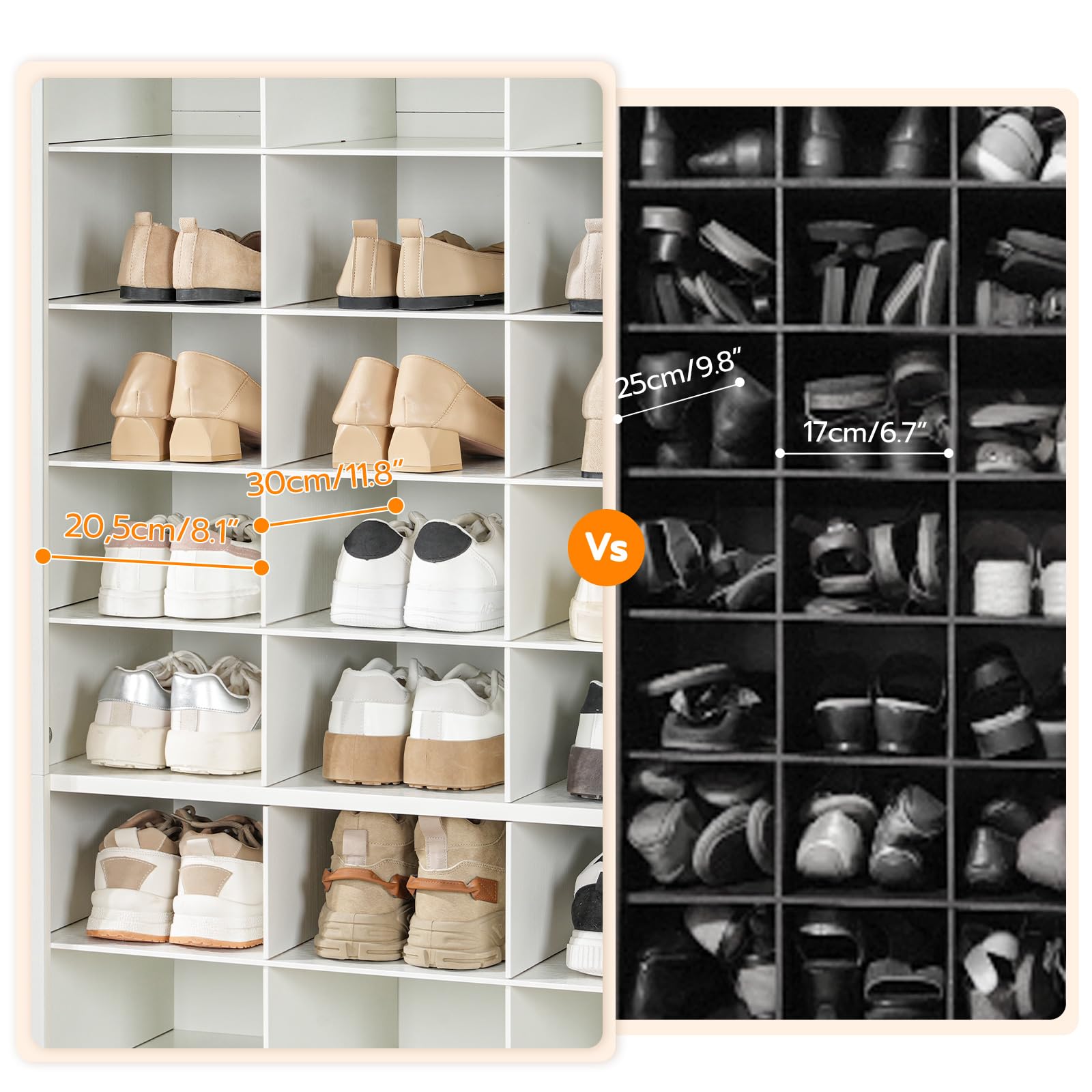 HOOBRO Meuble à Chaussures Haut, Étagère à Chaussures à 9 Niveaux, Étagère de Rangement sûr Pied en Bois, avec 24 Compartiments et 3 Crochets, pour Entrée, Dressing, Salon, Blanc EWT24SC01